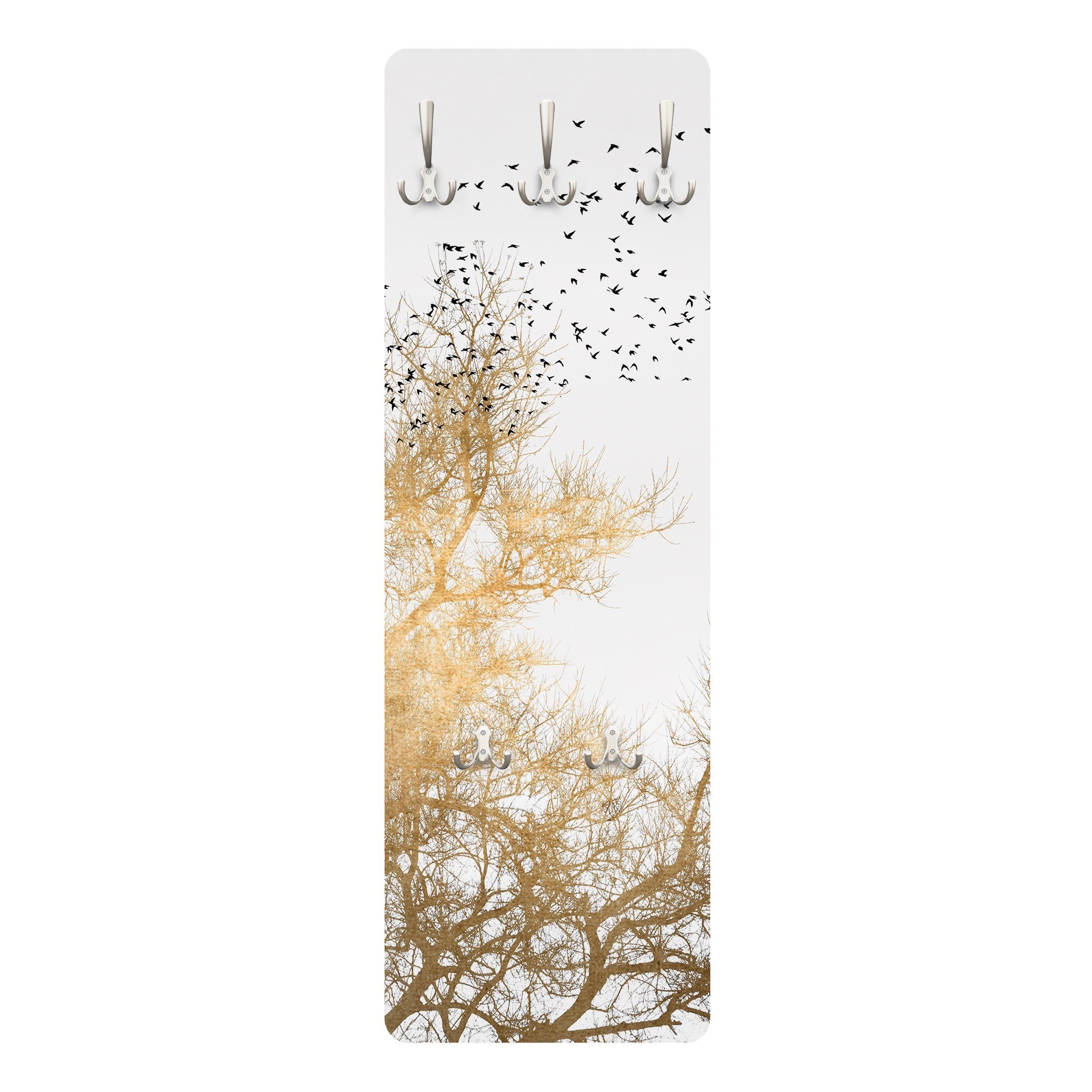Bilderdepot24 Garderobenpaneel gold Bäume Wald Kunst Natur Tiere Vogelschwarm vor goldenem Baum (ausgefallenes Flur Wandpaneel mit Garderobenhaken Kleiderhaken hängend), moderne Wandgarderobe - Flurgarderobe im schmalen Hakenpaneel Design