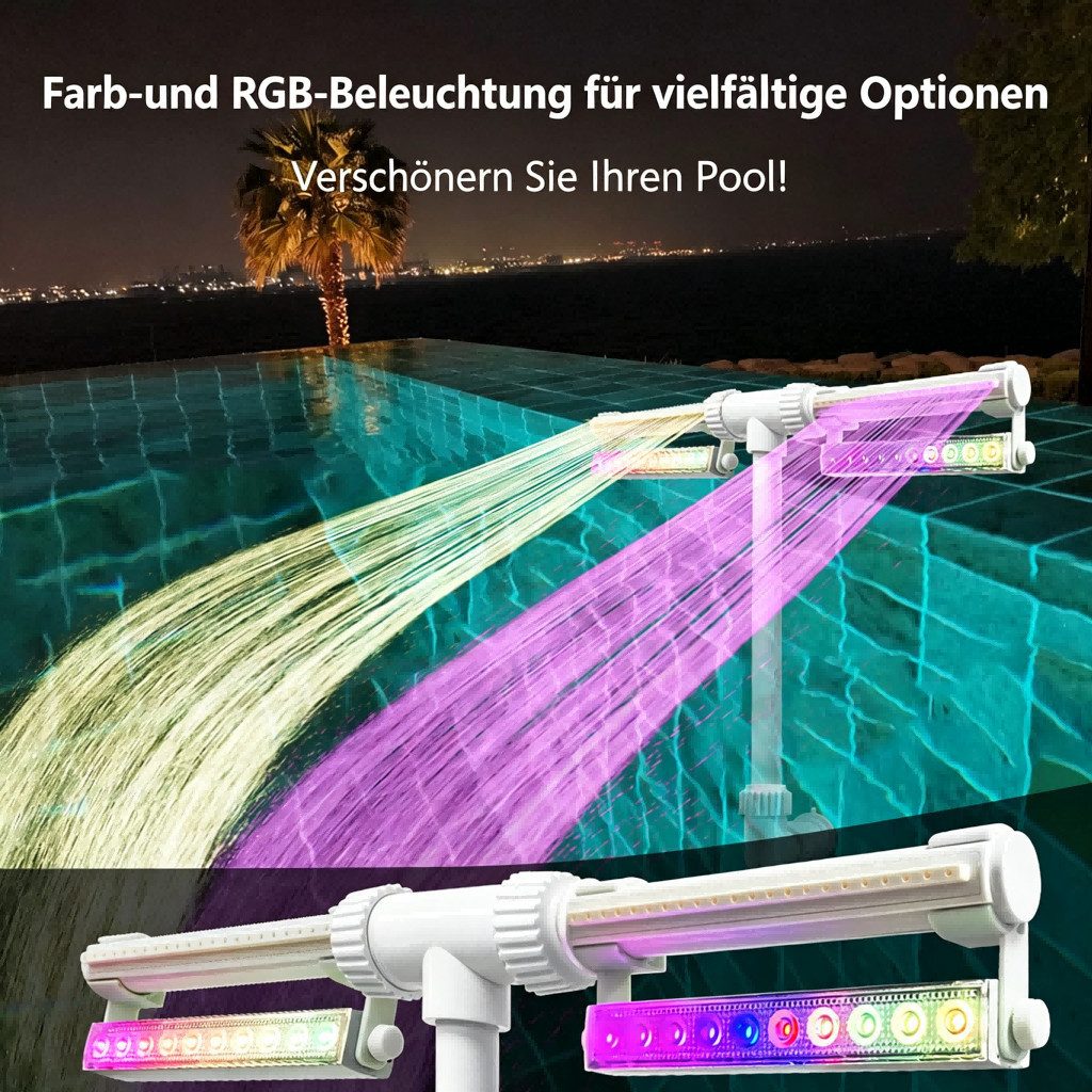Rutaqian Poolwasserfall Pool Wasserfall mit LED Poollicht RGB, Poolfontäne Fernbedienung, Pool Springbrunnen mit Doppeldüse, Timer, IP65 für Pool Zubehör