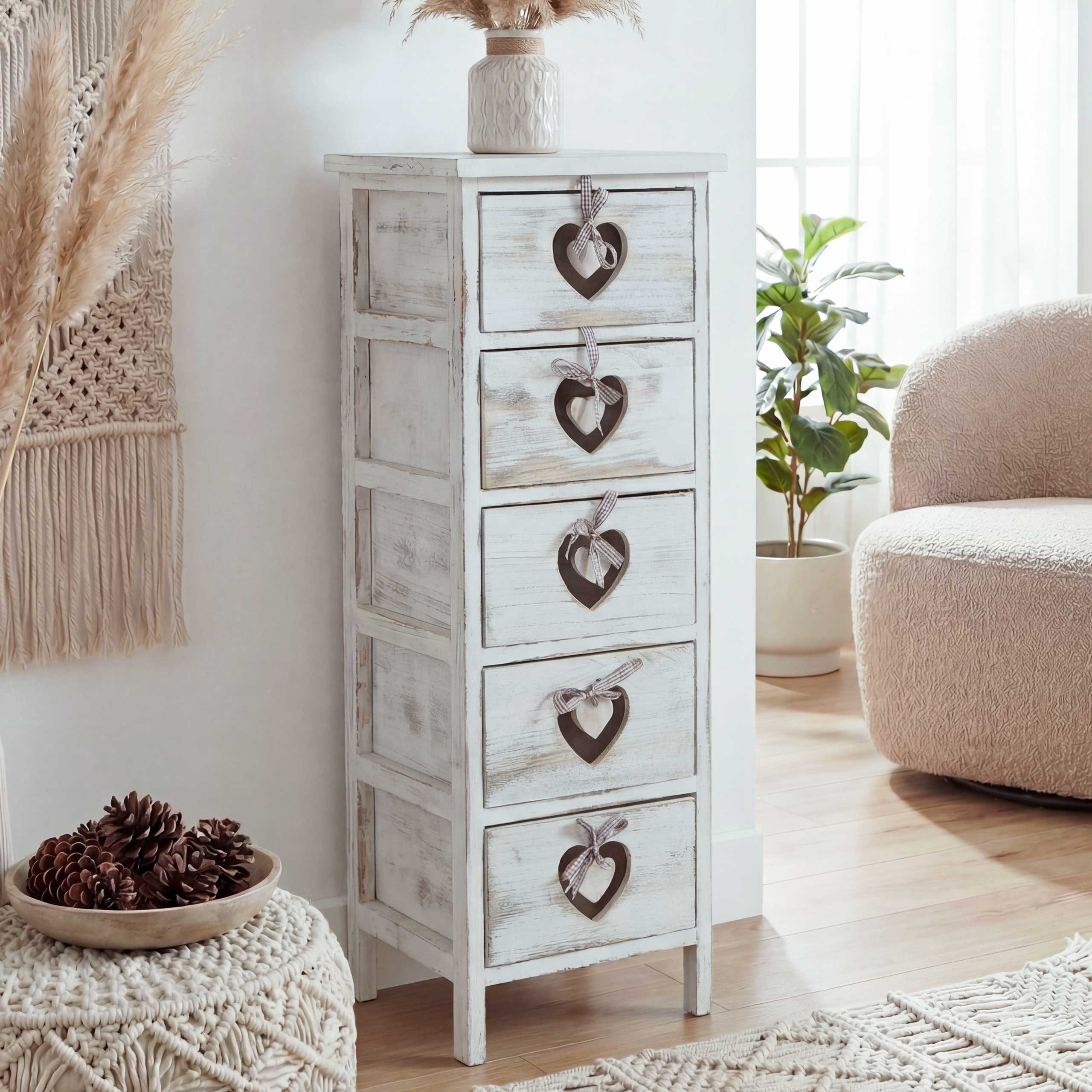 MCW Kommode Sues-5, Großer Stauraum, 5 Schubladen, Mit Herzornamenten