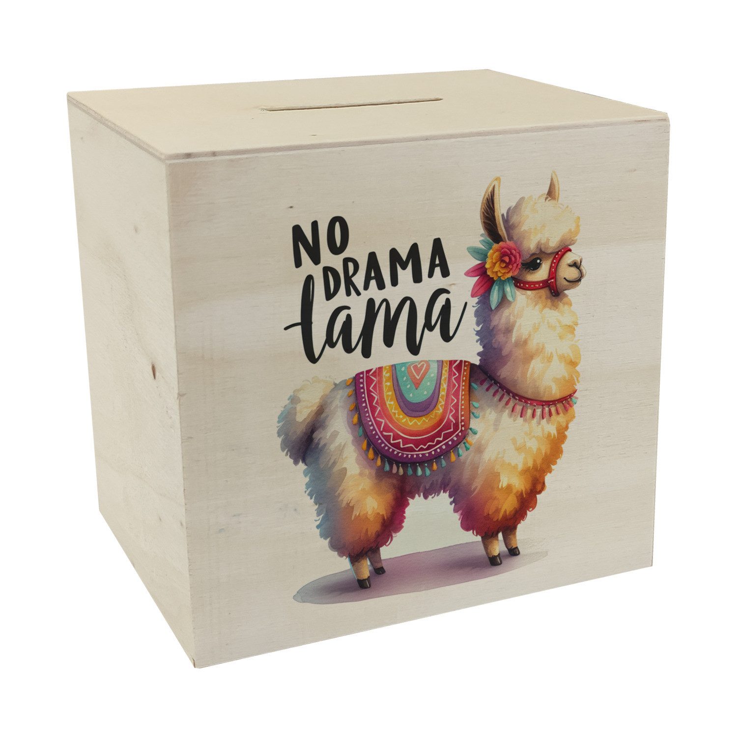 Spardose Alpaka mit bunter Satteldecke Spardose aus Holz Spruch No Drama Lama
