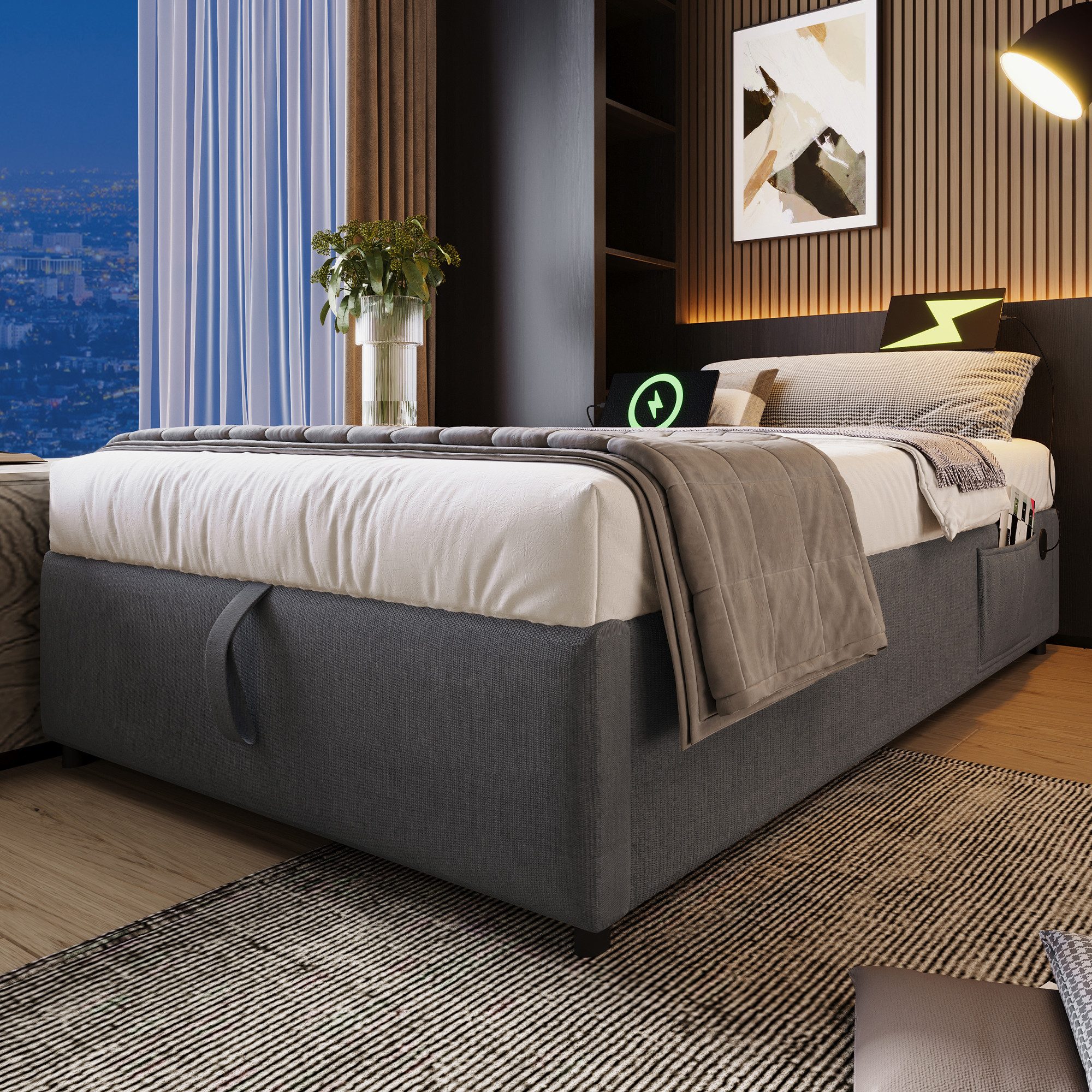 REDOM Polsterbett Ohne Kopfteil (Funktionsbett, Struraumbett Hydraulisch mit Bettkasten, 1-tlg., 90x200 cm, ohne Matratze), mit USB- C, Seitentasche und Vollflächiger Lattenrost