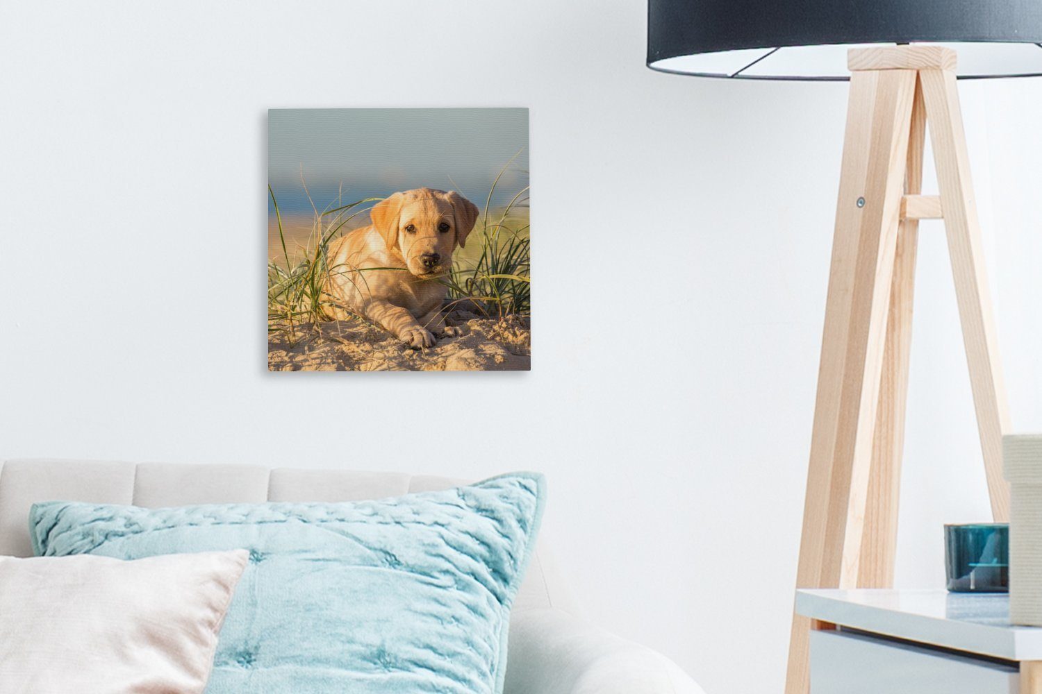 Leinwand (1 liegend, Schlafzimmer für OneMillionCanvasses® Retriever Sanddünen Leinwandbild Labrador Wohnzimmer Welpe Bilder den St), auf
