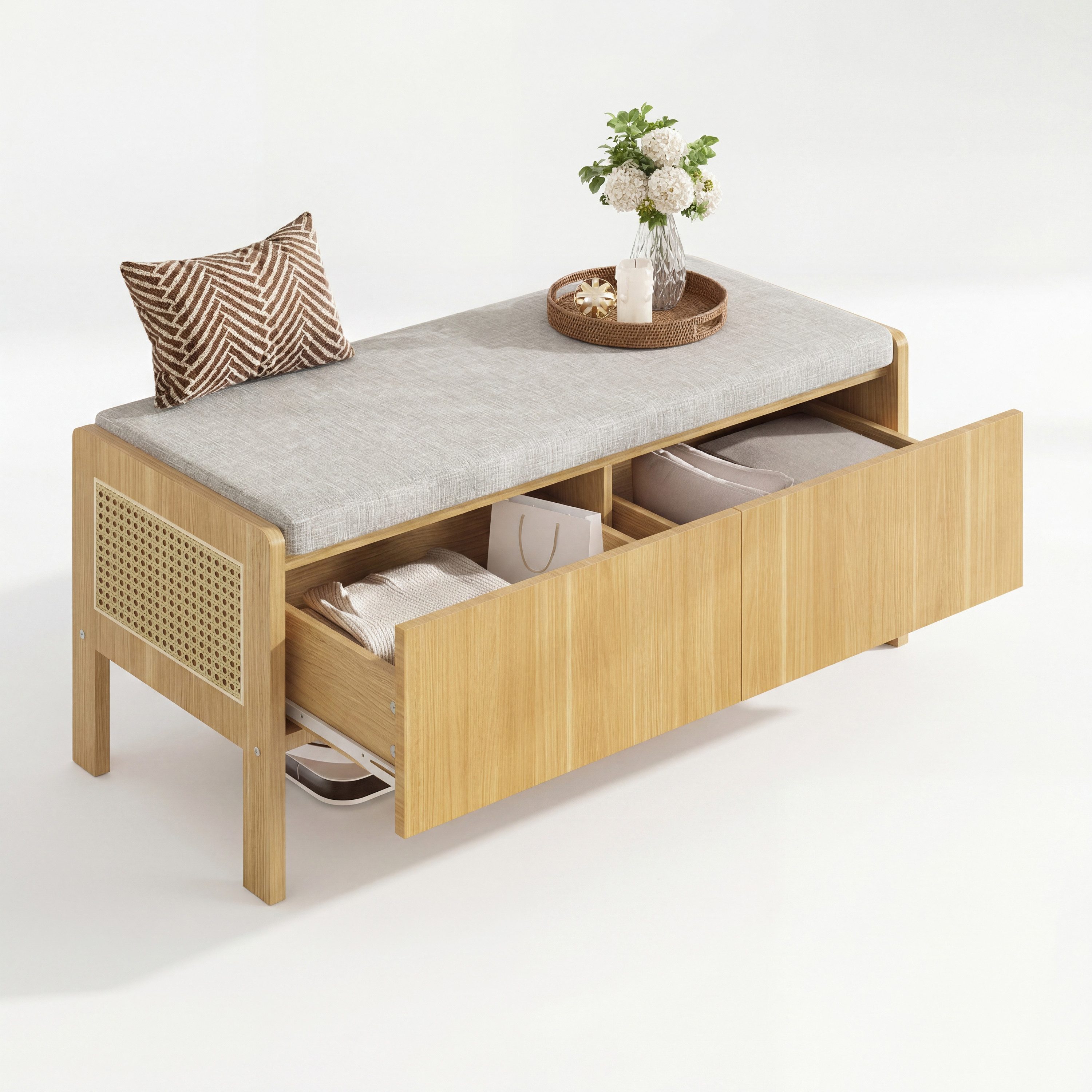 Refined Living Schuhbank Schuhbank mit Stauraum 113 cm, Bambus & Rattan, 2 Schubladen (Schuhbank, Sitzbank, Aufbewahrungsbank, Flurbank, 113x40x45,5 cm, Natur + Grau, Bambus + MDF + Rattan, 2 Schubladen, gepolstert, 1-St., 100kg Belastung, Skandinavisch,