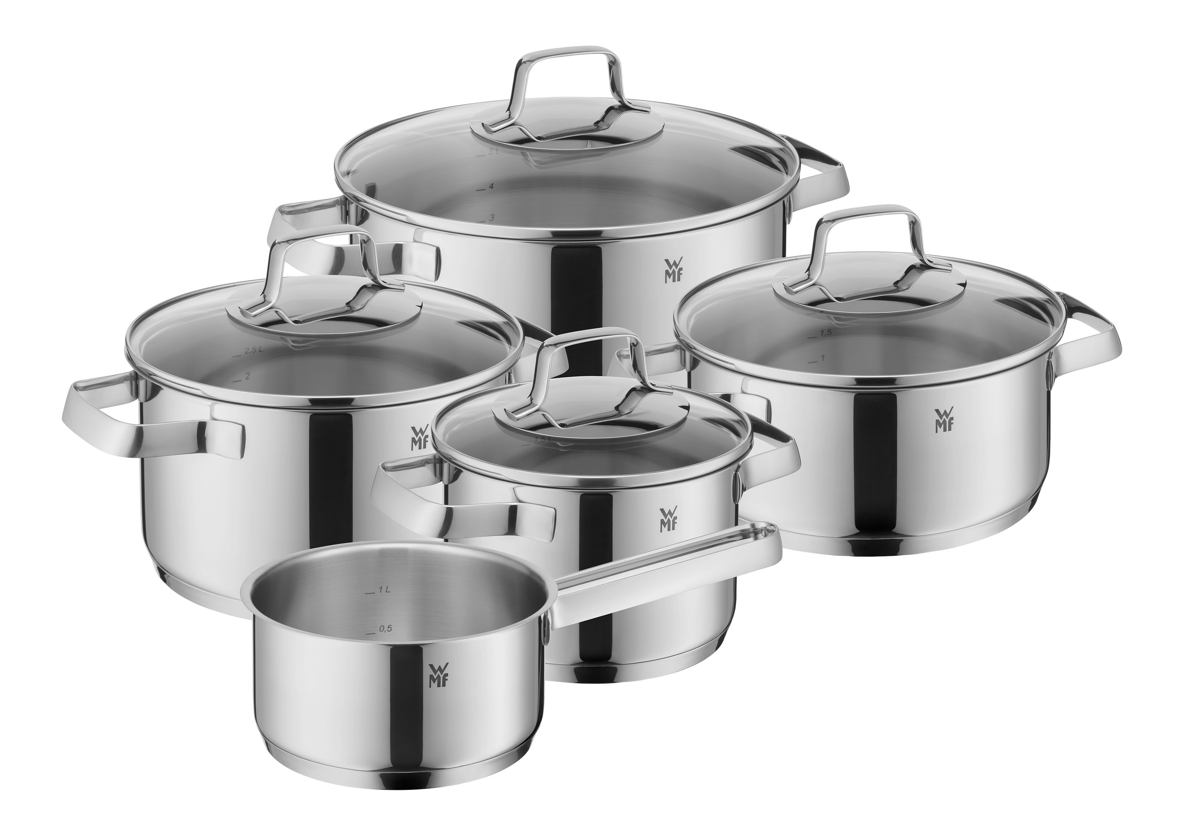 WMF Topf-Set Belmonte, mit Glasdeckeln, Cromargan® Edelstahl Rostfrei 18/10 (Set, 9-tlg), spülmaschinengeeignet, Innenskalierung, für alle …
