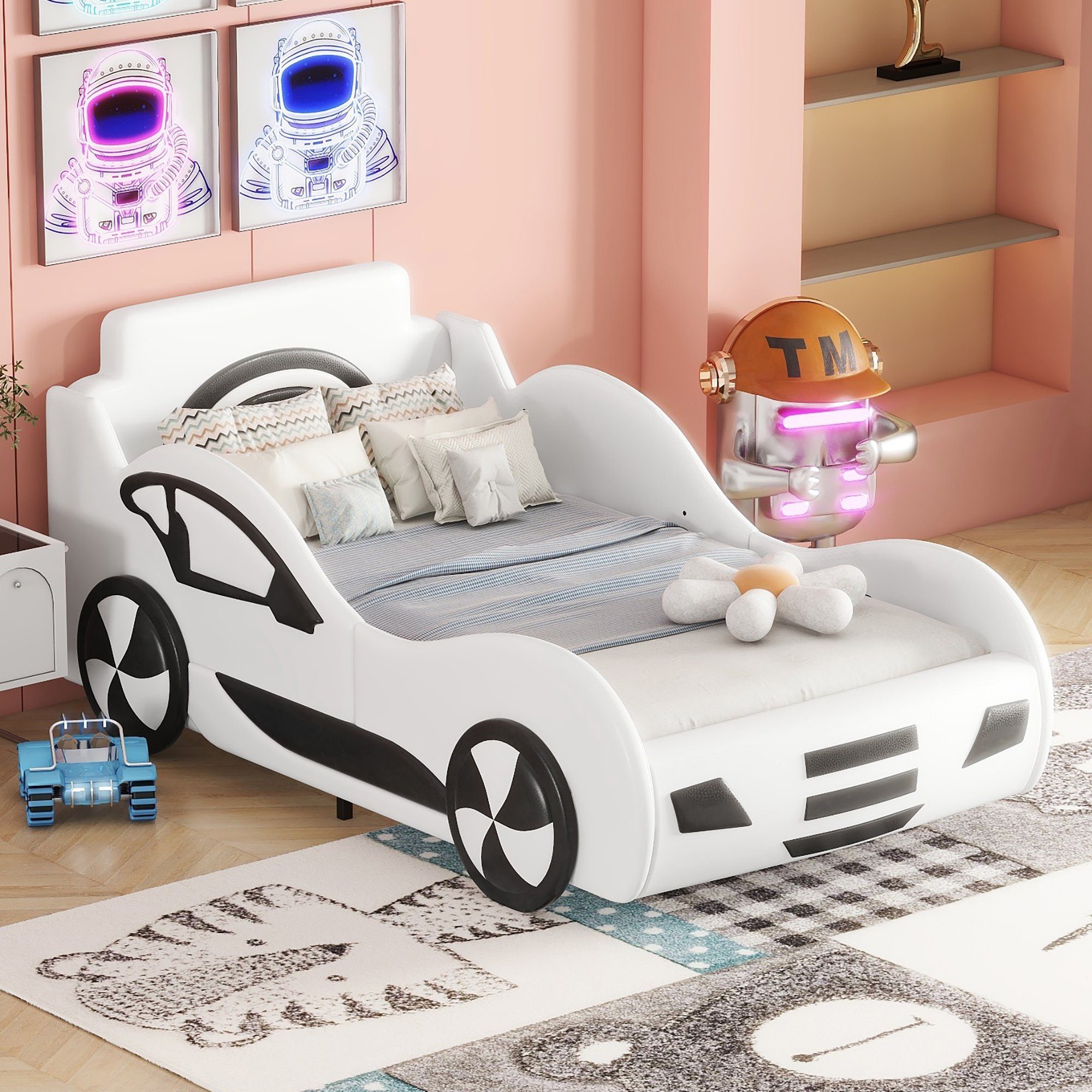 Fangqi Autobett 90x200cm Automodell Einzelbett mit großem Bettkasten unter Lattenrost (Familienbett,Auto-Modellbetten, Autobetten, Kinderbetten, Schwarz/Weiß)