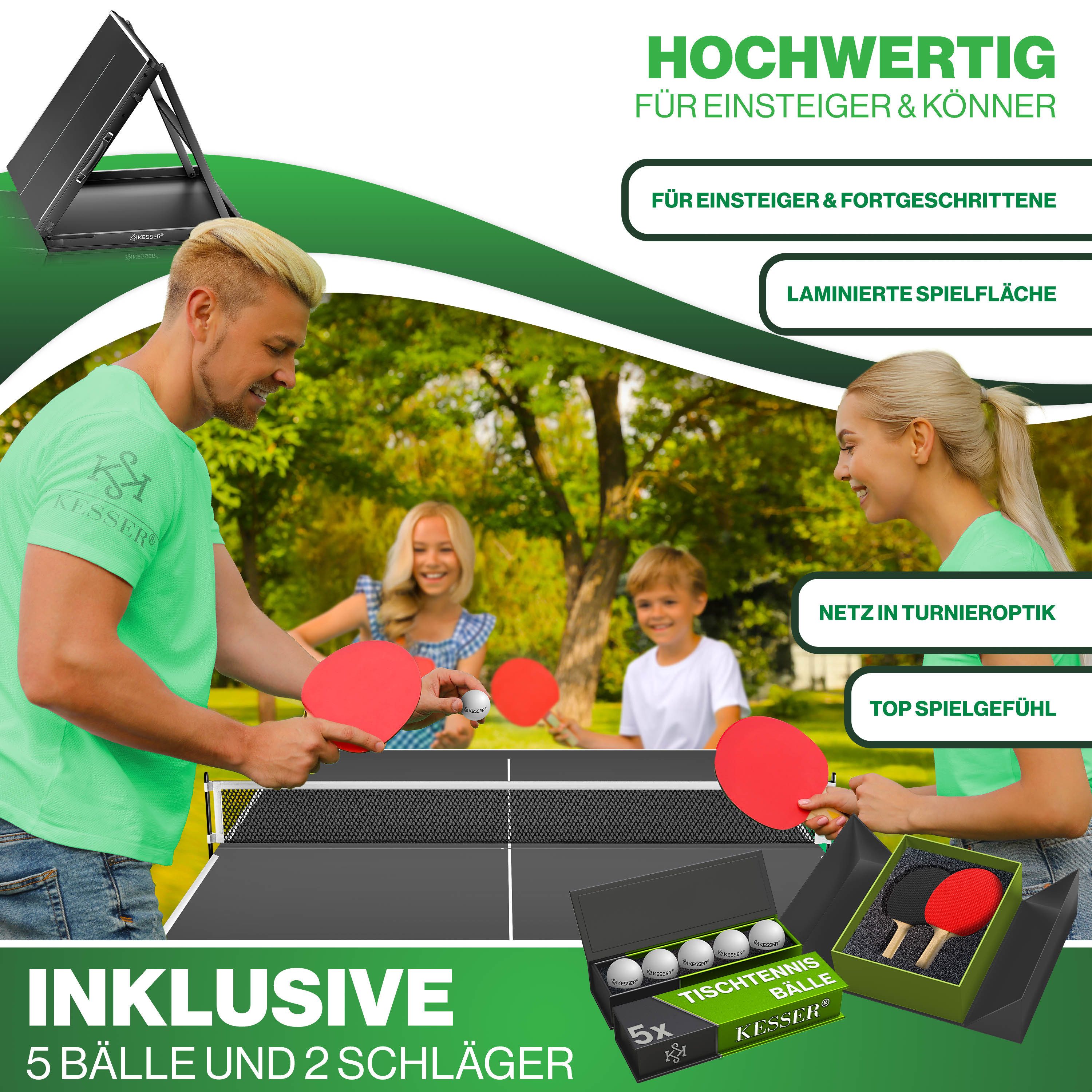 KESSER Mini-Tischtennisplatte Tischtennis Set, klappbarer Tischtennistisch (mit Netz, 2x Tischtennisschläger, 5x Tischtennisbälle & Zubehör-Tasche), In- & Outdoor geeignet