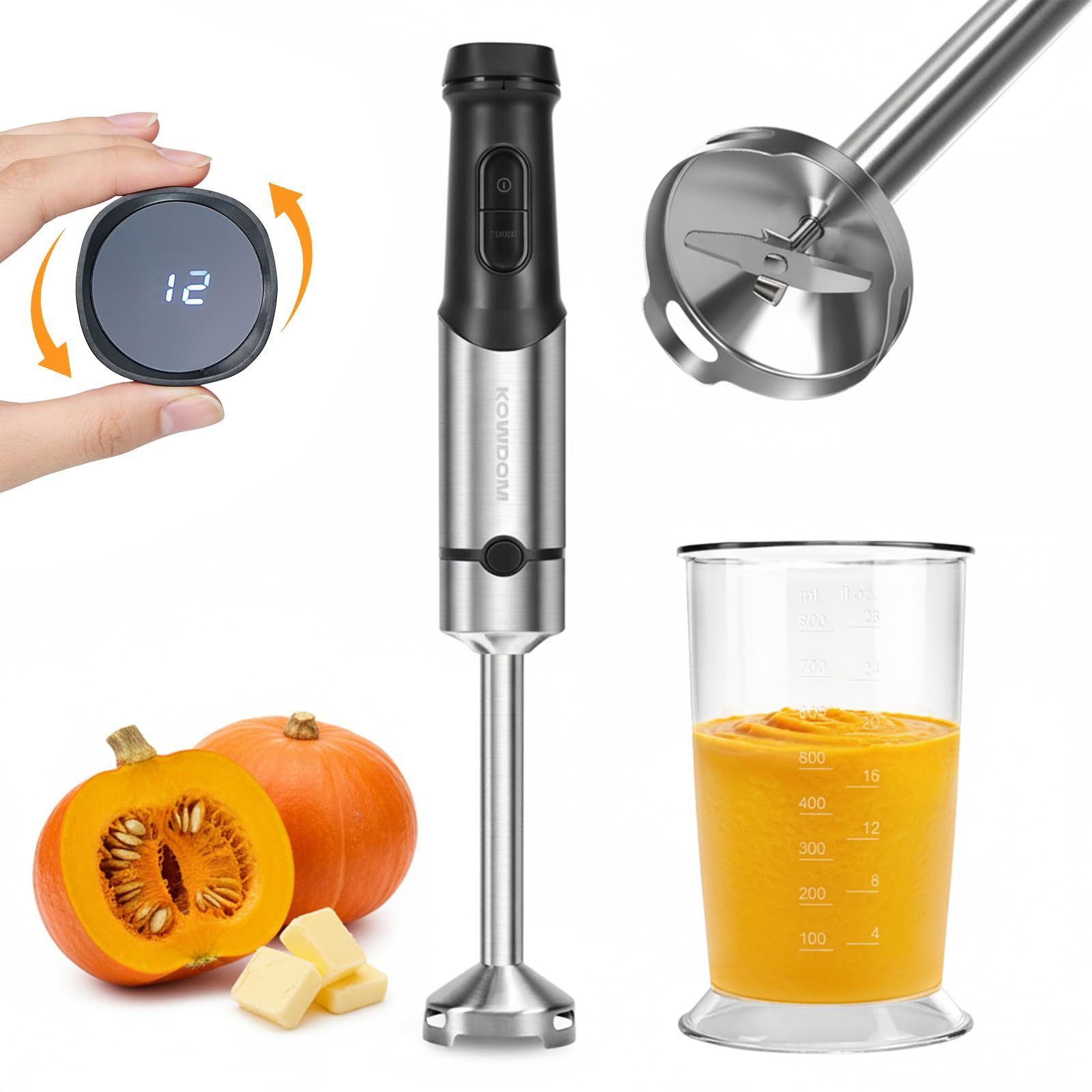 kowdom Stabmixer Stabmixer Set 1200W Edelstahl 12 Stufen Turbo 800ml