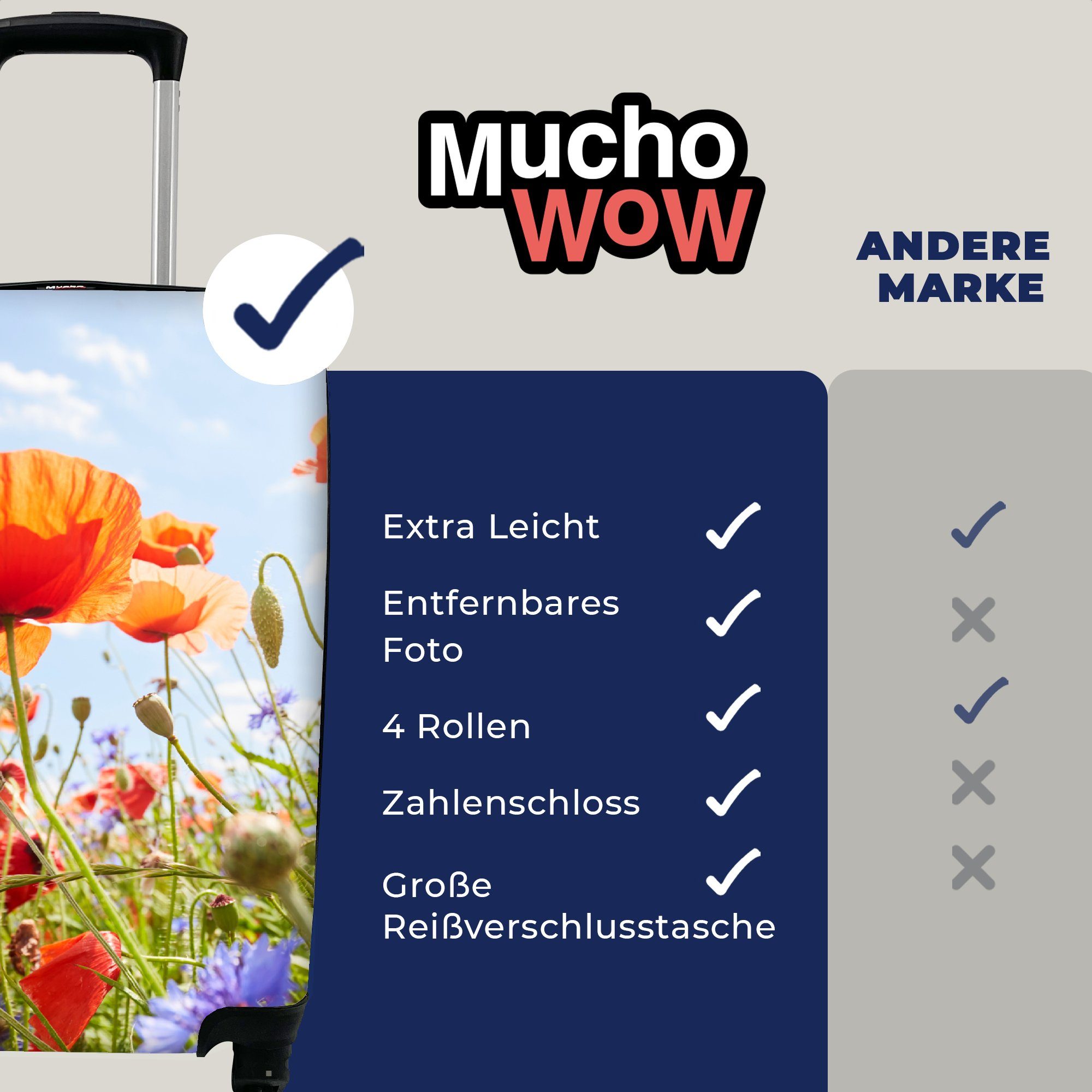 mit 4 - rollen, Blau, MuchoWow Natur Blumen Trolley, - Handgepäck Handgepäckkoffer Rot Reisekoffer - für Mohn Reisetasche - Ferien, Frühling - Rollen,