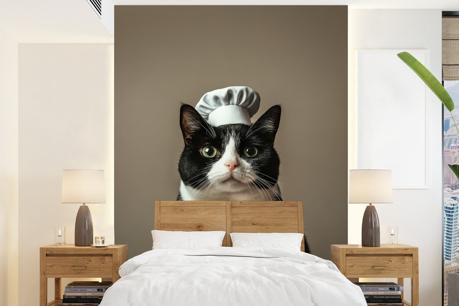 MuchoWow Fototapete Katze - Kochkleidung - Schwarz - Weiß, Matt, bedruckt, Wallpaper für Wohnzimmer, Schlafzimmer, Vinyl Tapete, 165x220 cm