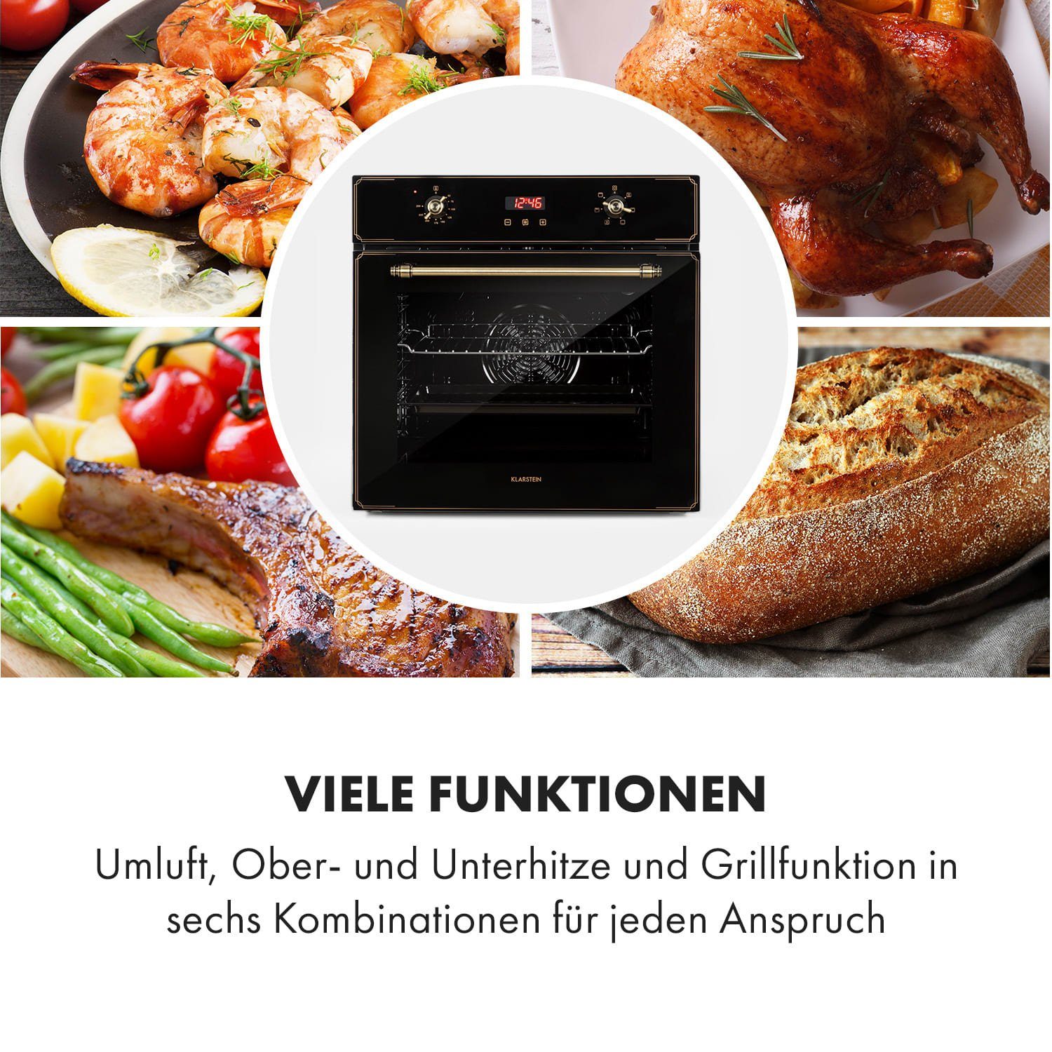 Klarstein Backofen Elizabeth Einbaubackofen Retro 70L 2200W 50-250°C 6 Funktionen Messing Elizabeth, Backofen 70L Retro mit Timer 5 Einschüben & Messing-Drehreg – Bild 4 von 5