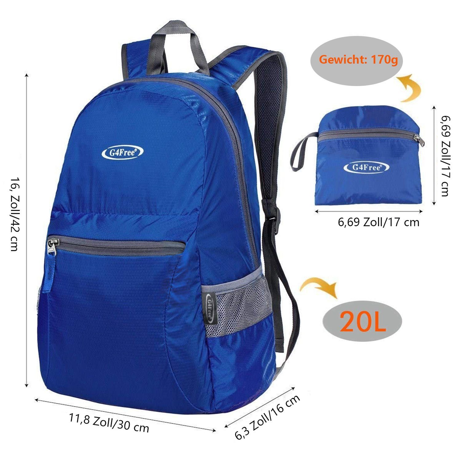 G4Free Freizeitrucksack, Faltbarer 20L Daypack Wanderrucksack Marineblau Ultraleichter