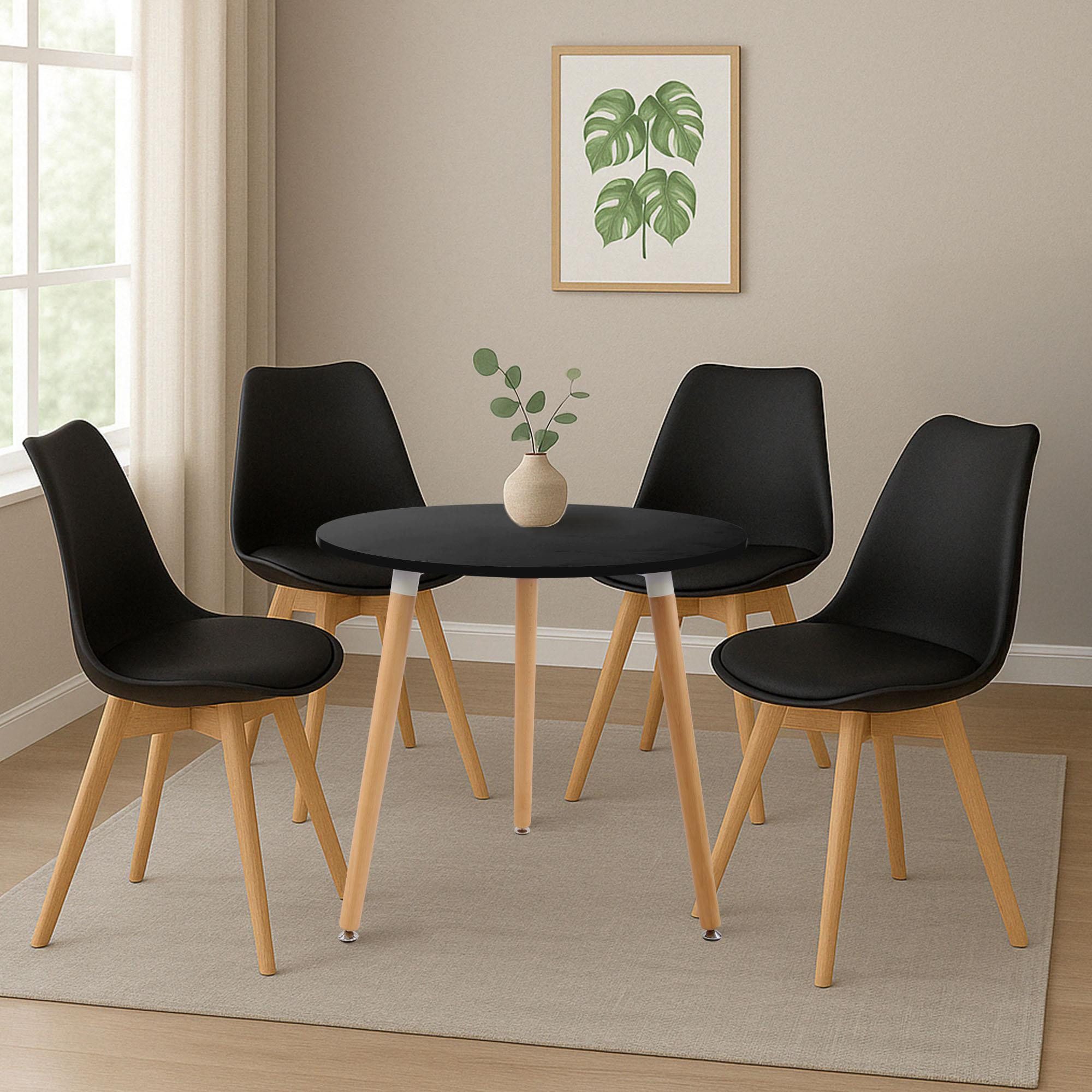 CLP Essgruppe Lansgar, 1 Tisch (80 cm), 4 Stühle mit Sitzpolster, Buchenholz