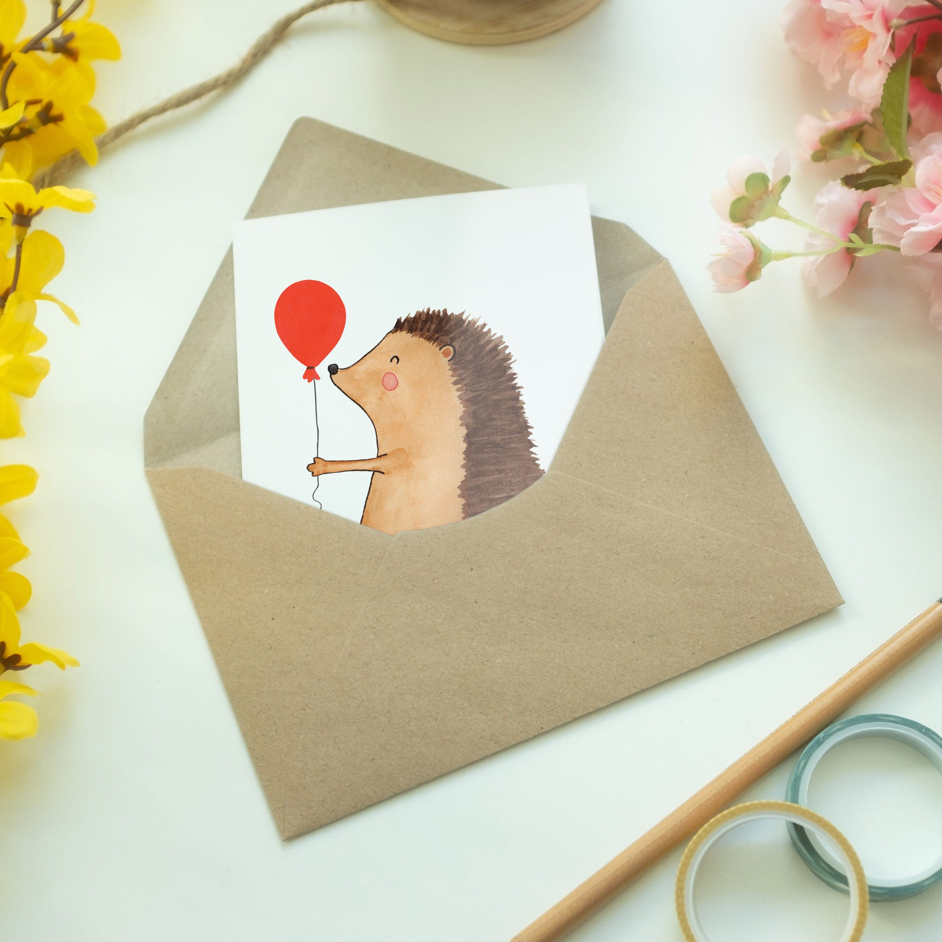 Igel - - Panda & Luftballon Mr. mit Geschenk, Mrs. Grußkarte Geburts Karte, Weiß Hochzeitskarte,