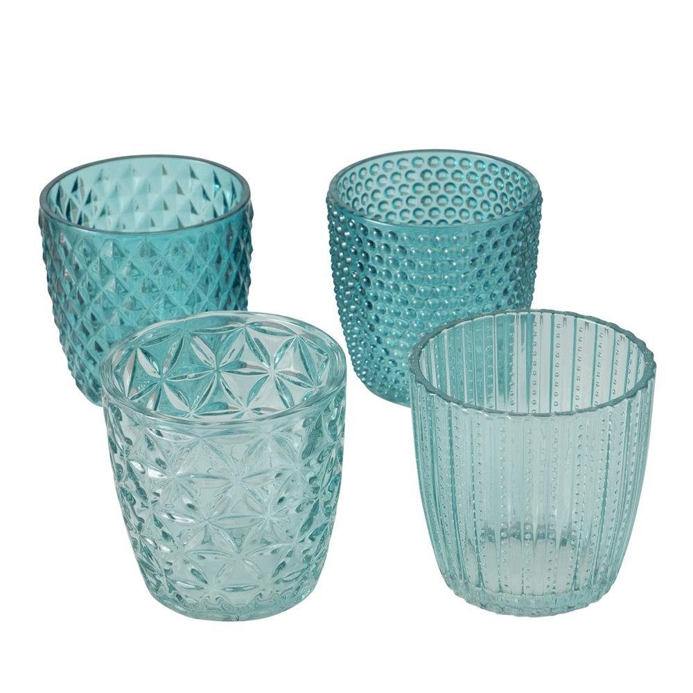 BOLTZE Türkis Kerzenhalter Design Set, Marilu Maritimes Petrol Windlicht Teelichthalter 4er Glas