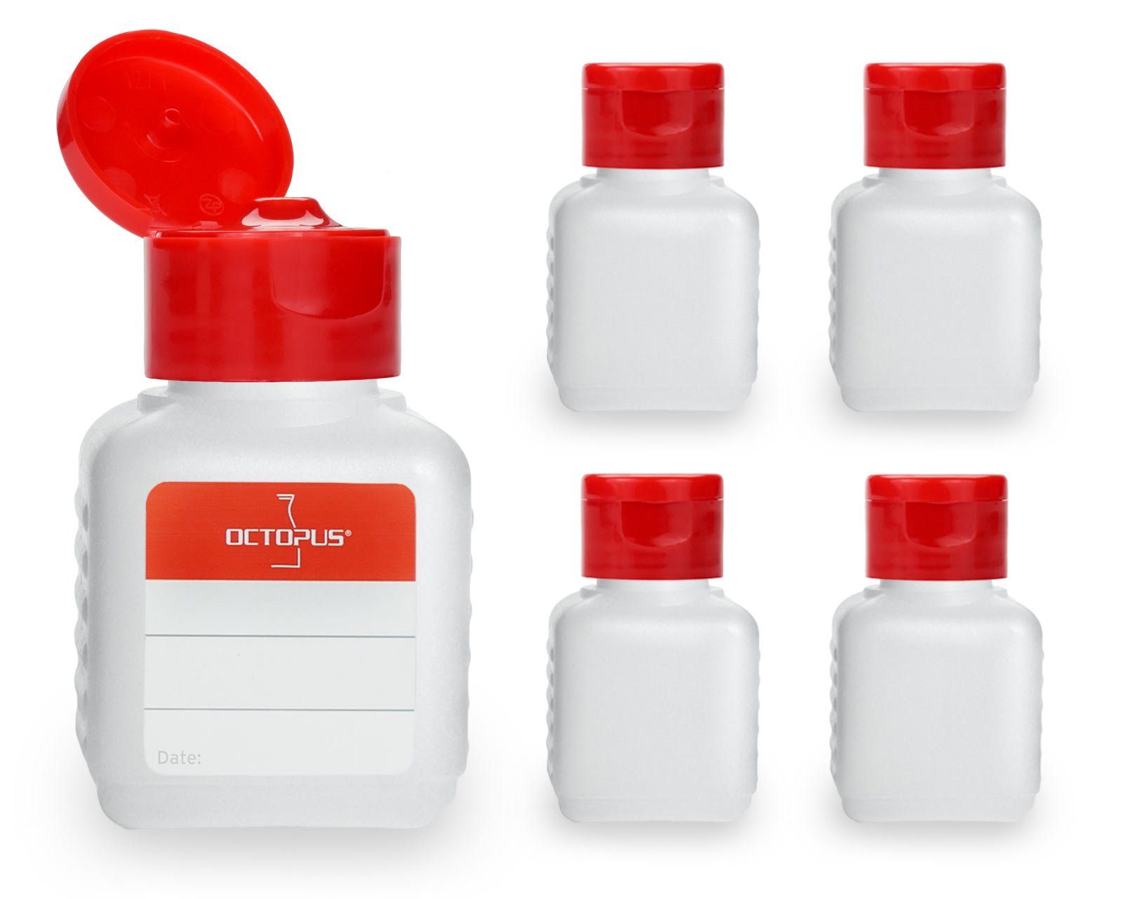 OCTOPUS Kanister 5 Plastikflaschen 50 ml eckig aus HDPE, natur, G25, Klappscharniervers (5 St)