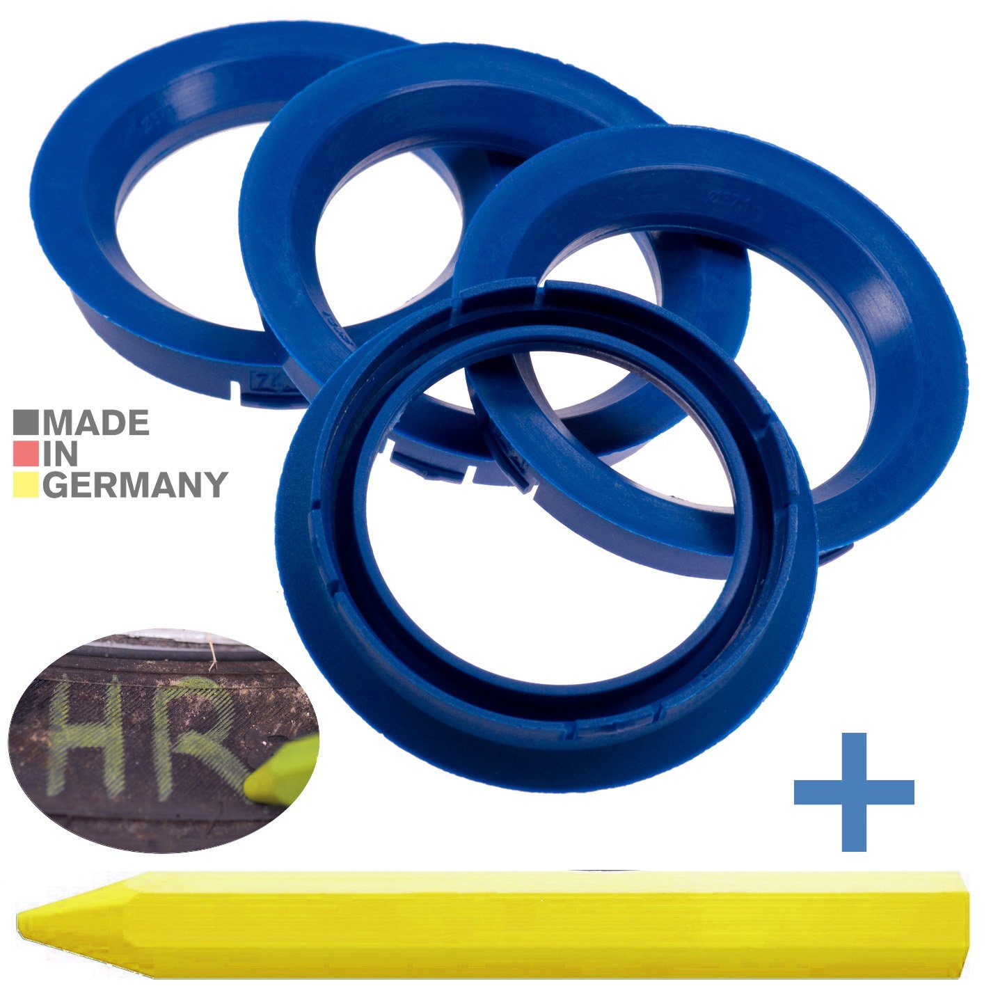 RKC Reifenstift 4X Zentrierringe Blau Felgen Ringe + 1x Reifen Kreide Fett Stift, Maße: 74,1 x 57,1 mm