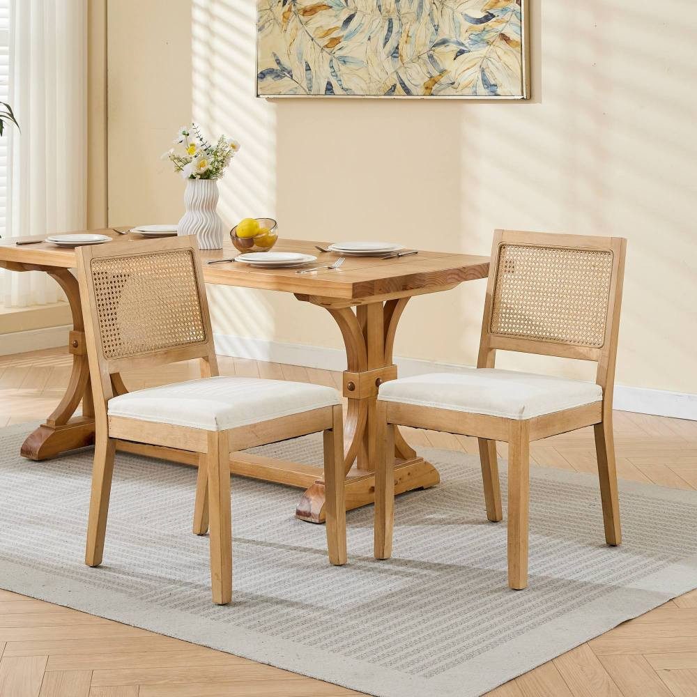 BBWL Esszimmerstuhl 2er Set Rattan Leinen Polsterstuhl Massivholz Mid Century Küchenstuhl, Esszimmerstühle Beige Farmhouse Design