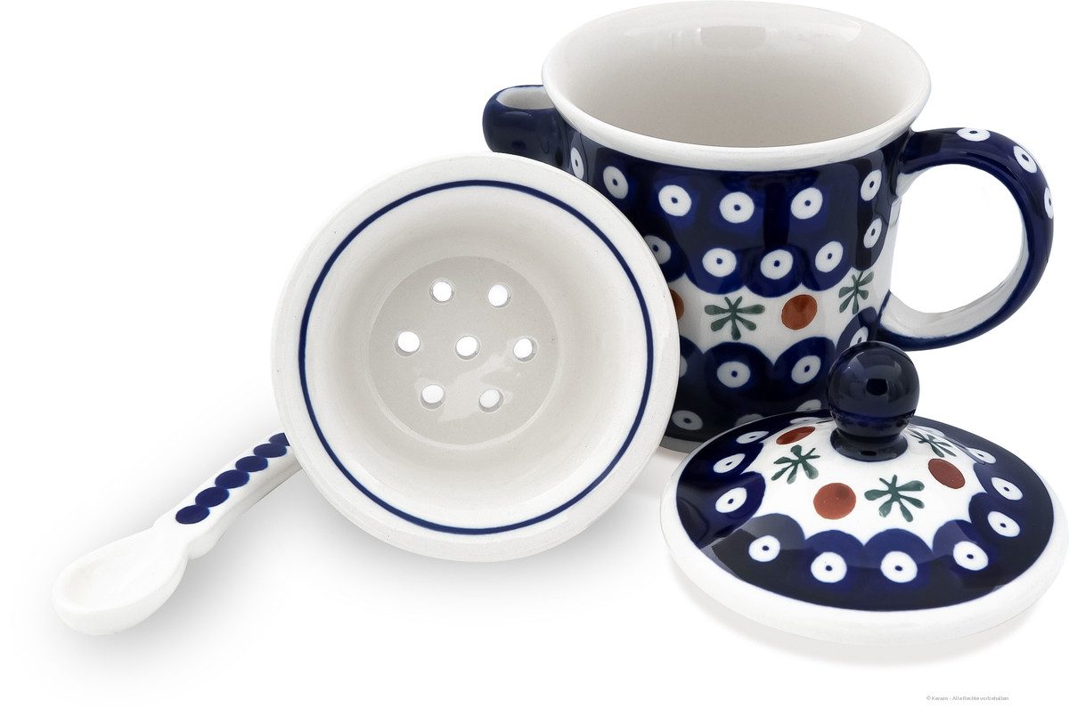 Bunzlauer Keramik Becher Bunzlauer Keramik 270ml Teebecher mit Deckel, Teesieb, Löffel Dekor 41, Keramik