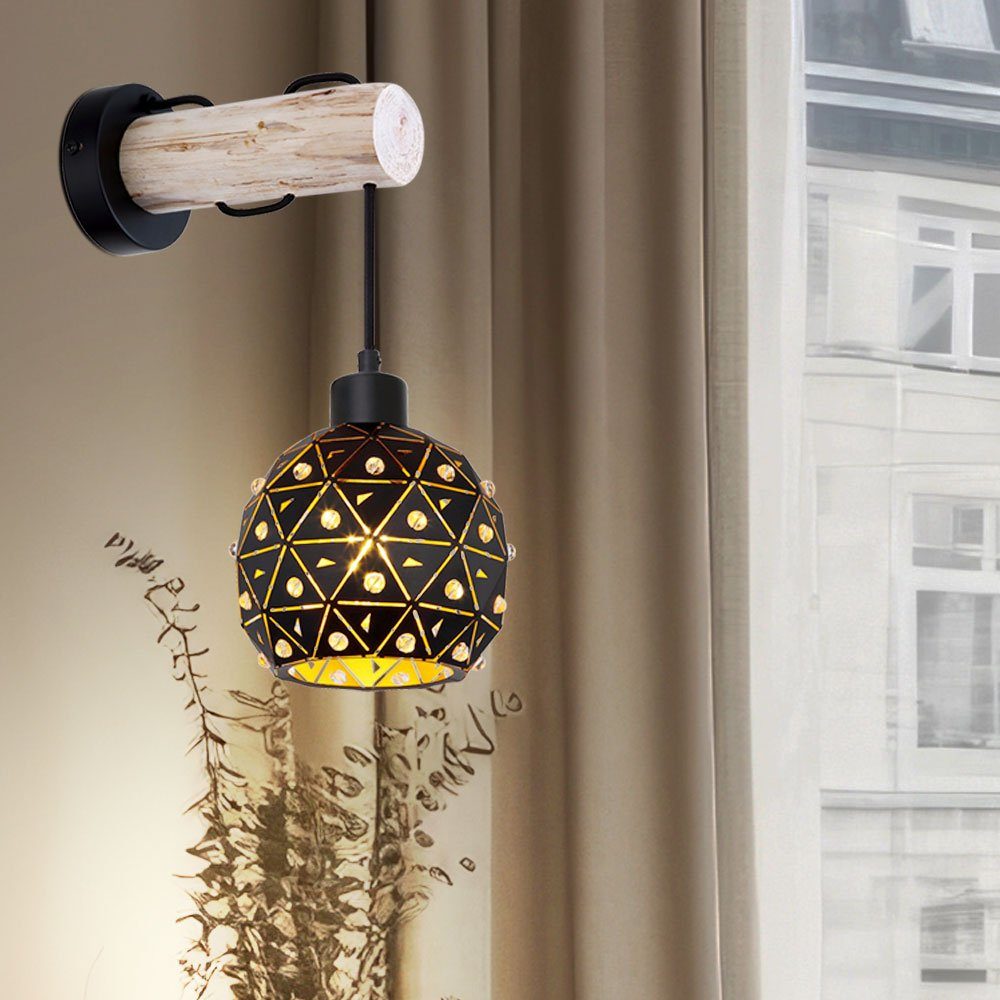 GLOBO LIGHTING Wandleuchte, Leuchtmittel nicht inklusive, Wandlampe Wandleuchten Wohnraumleuchte Holz mit Kristallschirm in