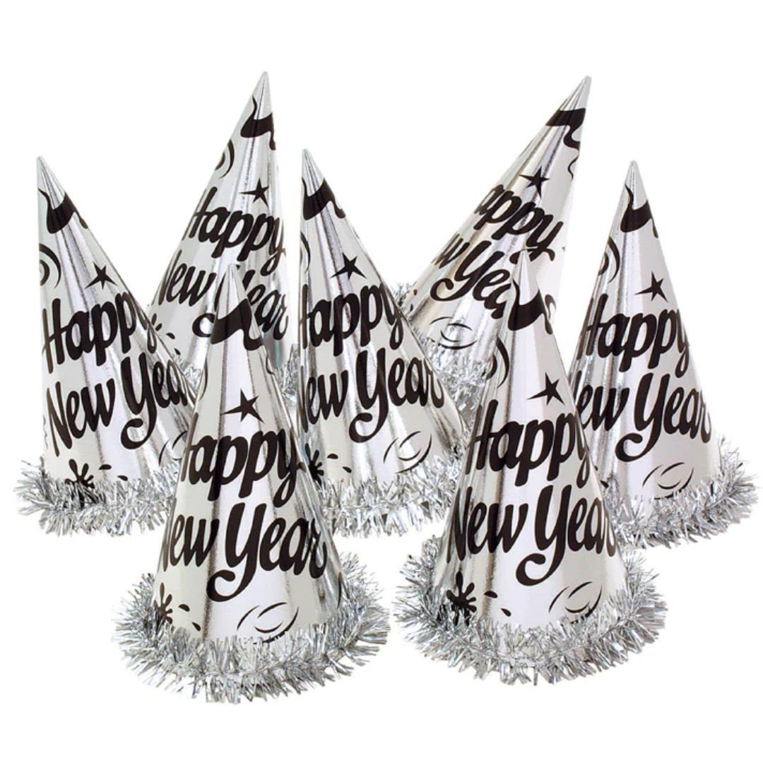 Partystrolche Papierdekoration Partyhut 6er Set Happy New Year in Silber mit Fransen
