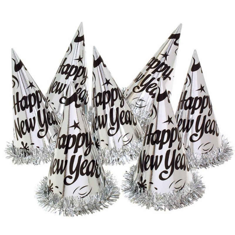Partystrolche Papierdekoration Partyhut 6er Set Happy New Year in Silber mit Fransen