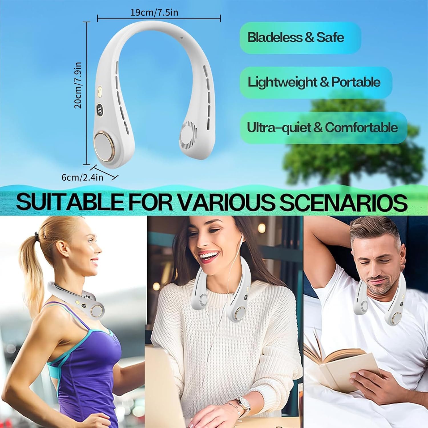 FELIXLEO Tischventilator Wearable Bladeless Neck Fan 720 Airflow Hanging Design White