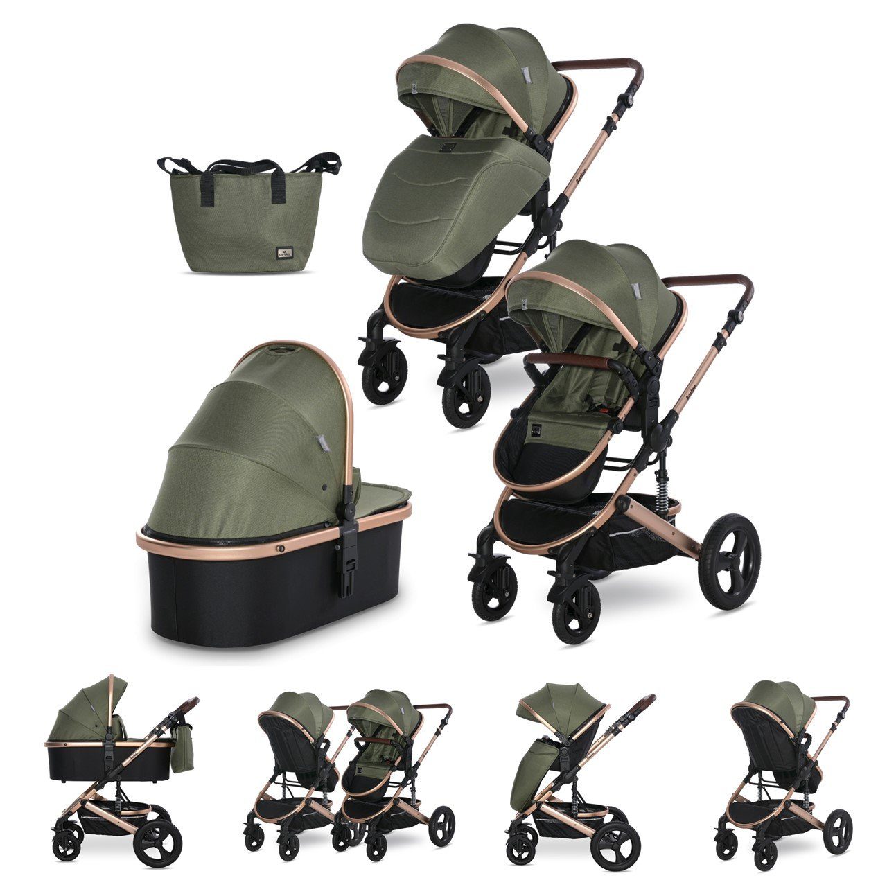 Lorelli Kombi-Kinderwagen Kombikinderwagen Boston 2 in 1, Sportsitz Babywanne Mückennetz bis 22 kg grün