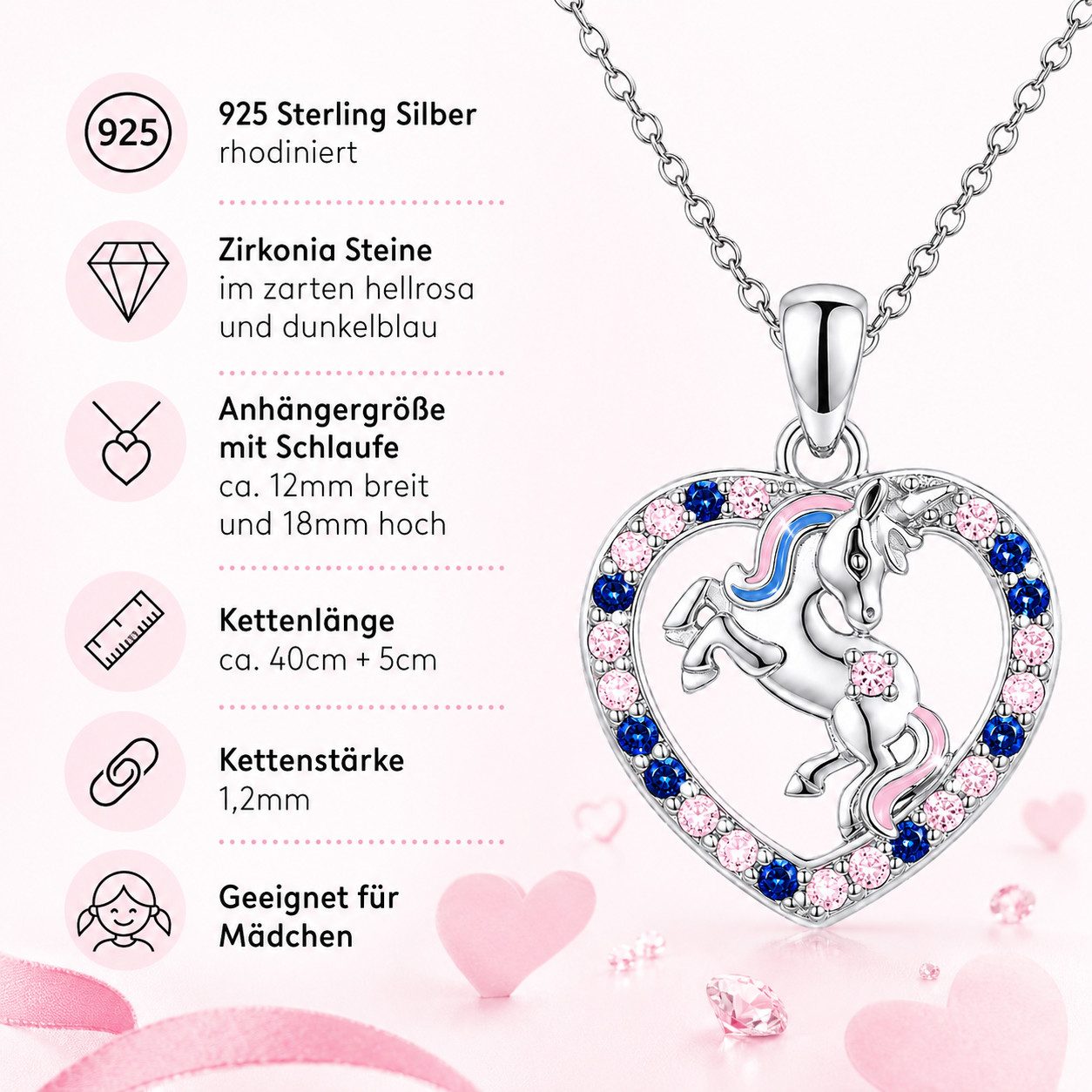 Limana Kette mit Anhänger feine Mädchen Halskette 925 Silber Pferd Einhorn Herz Schmuck (inkl. Schmuckdose), Geburtstag Einschulung Schulanfang Ostern Weihnacht – Bild 4 von 5