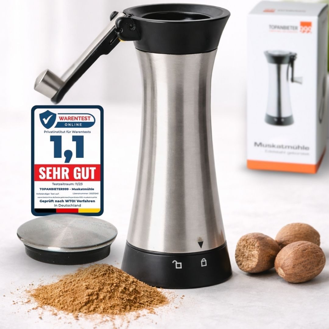 Topanbieter999 Muskatmühle Edelstahl mit Aufbewahrungsbehälter manuell, einklappbare Kurbel, paßt auch für Tonkabohnen