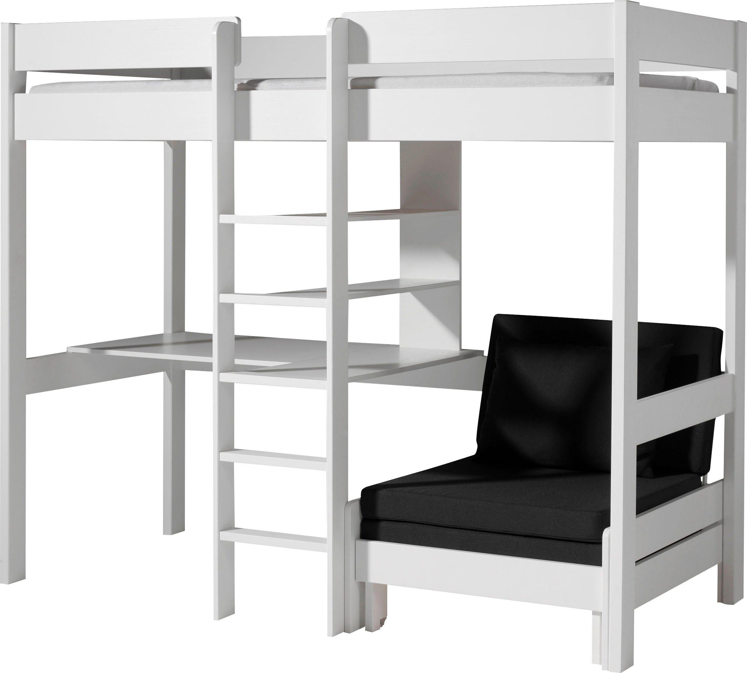 Vipack Hochbett Pino, Kiefer massiv, viel Funktion auf kleinem Raum, Made in Europe (B/H/T ca. 208x175x105/206cm, inkl. Schlafsessel, Schreibtisch, Regal) inkl. Rolllattenrost, Absturzschutz oben, 2 Farben zur Auswahl