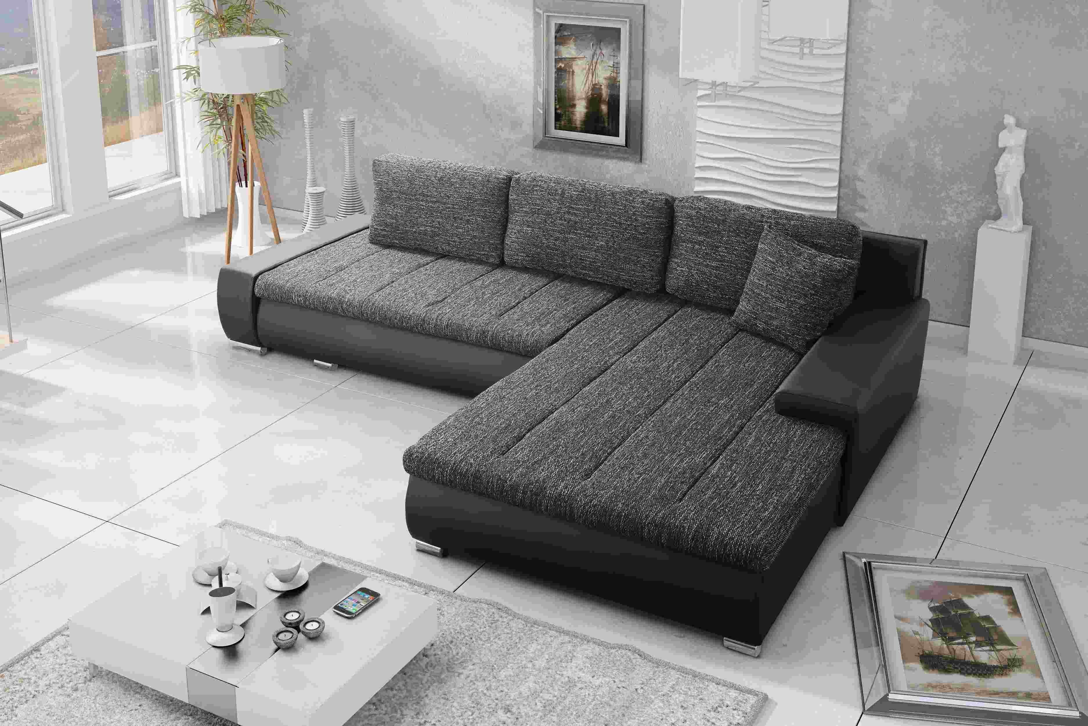 Furnix Ecksofa TOMMASO Sofa Schlaffunktion mit Bettkasten Kissen Couch, B297 x H85 x T210 cm, hochwertig, Made in EU Grau/Schwarz Stoff/Kunstleder NE10-MA1100