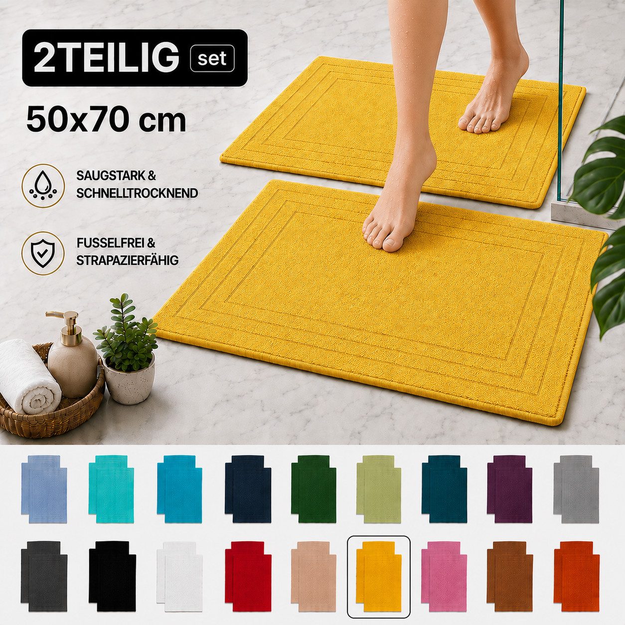 Komfortec Badematte 2er Badetuch Set aus 100% Baumwolle 50x70 cm Extra Weich & Saugstark, Rechteckig, 600 g/m² – Bild 5 von 5