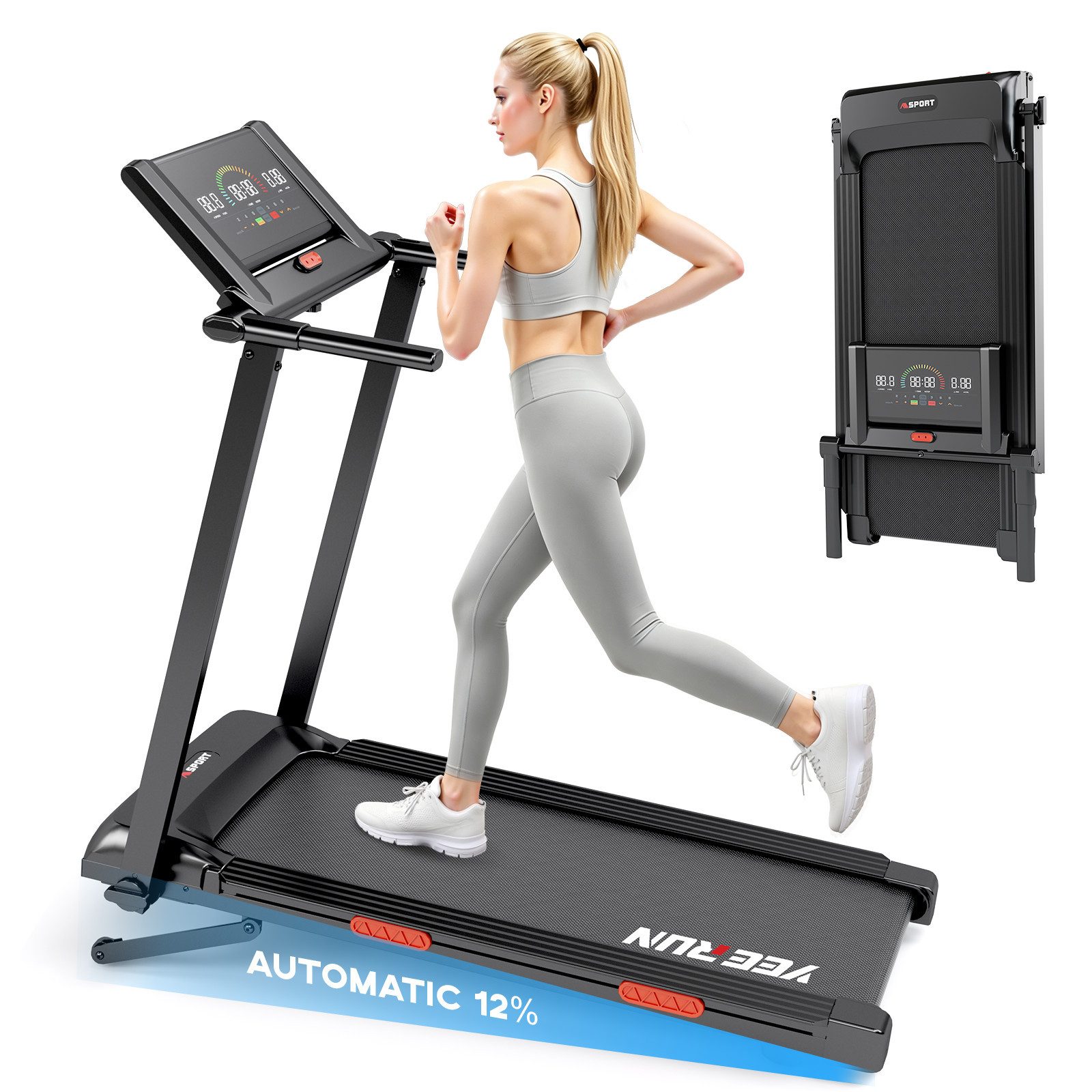YEE RUN Laufband für Zuhause, klappbar, 4-in-1, elektr. Steigung 12 %, 1-8 km/h.