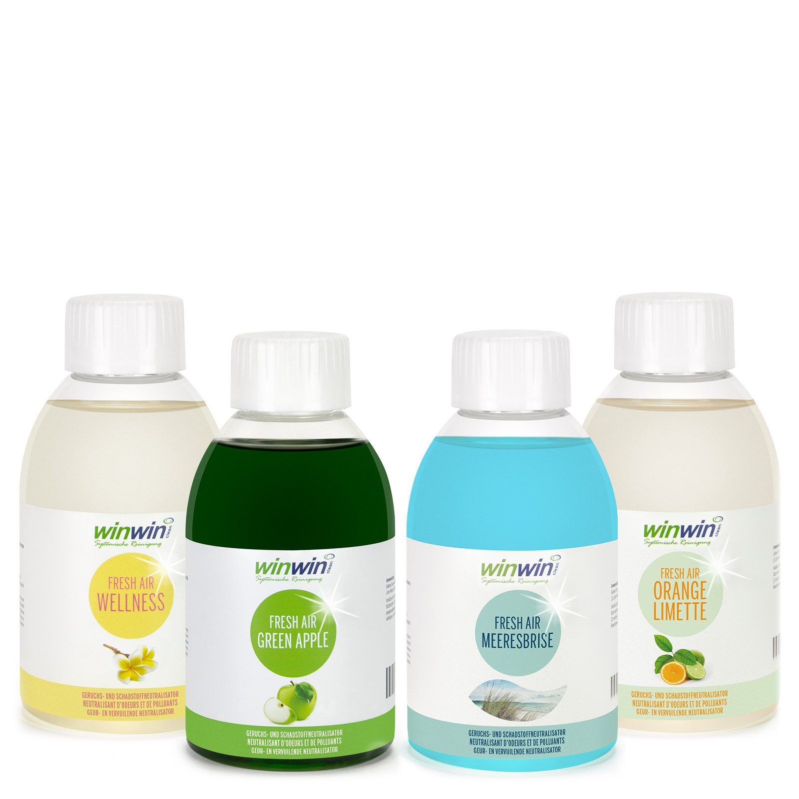 winwinCLEAN Raumduft fresh AIR SET 4x 250ml: Raumluft-Deo, Luftreinigungs-Konzentrat (Spar Set, 4-St., fresh AIR 250ml Wellness I Green Apple I Meeresbrise I Orange-Limette), Geruchsentferner,Geruchsneutralisierer,Reinigungsmittel,Air Purifier