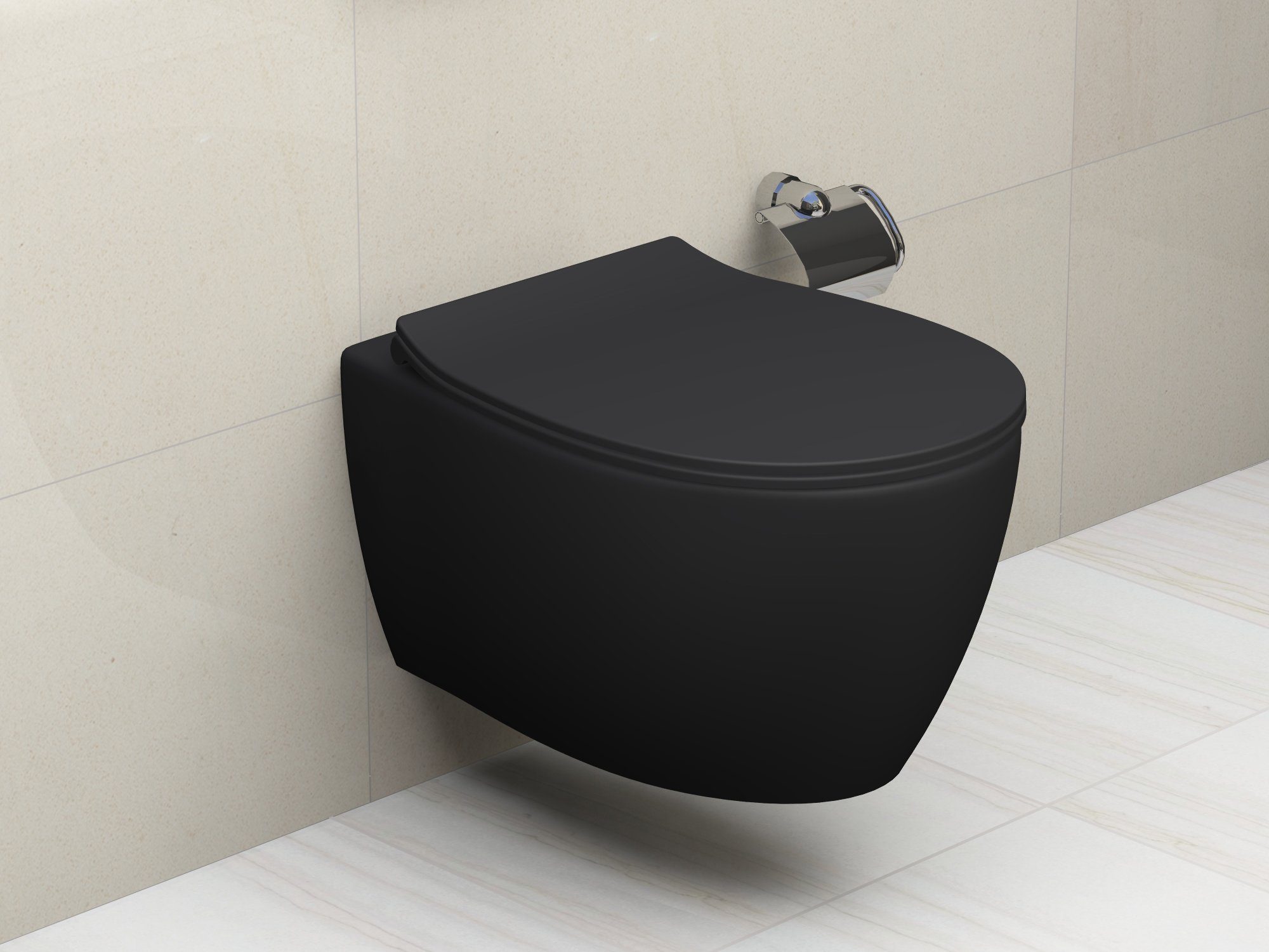Aqua Bagno Tiefspül-WC spülrandlose Toilette Hänge WC schwarz matt inkl.,  Wandmontage, WC mit Rand, m. Absenkautomatik