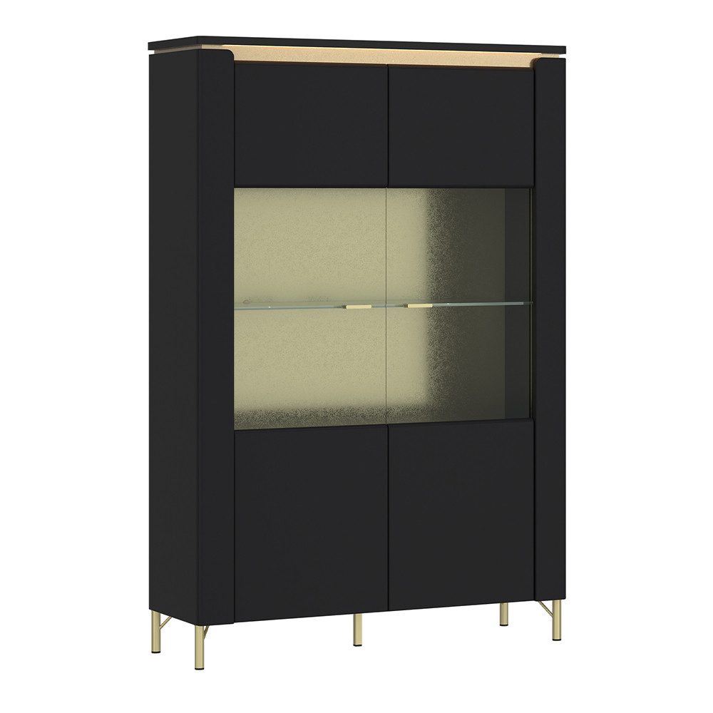 Lomadox Wohnwand NOLA-129, (3-St., Vitrinenschrank Fernsehschrank Vitrine), schwarz matt mit goldfarbenen Akzenten