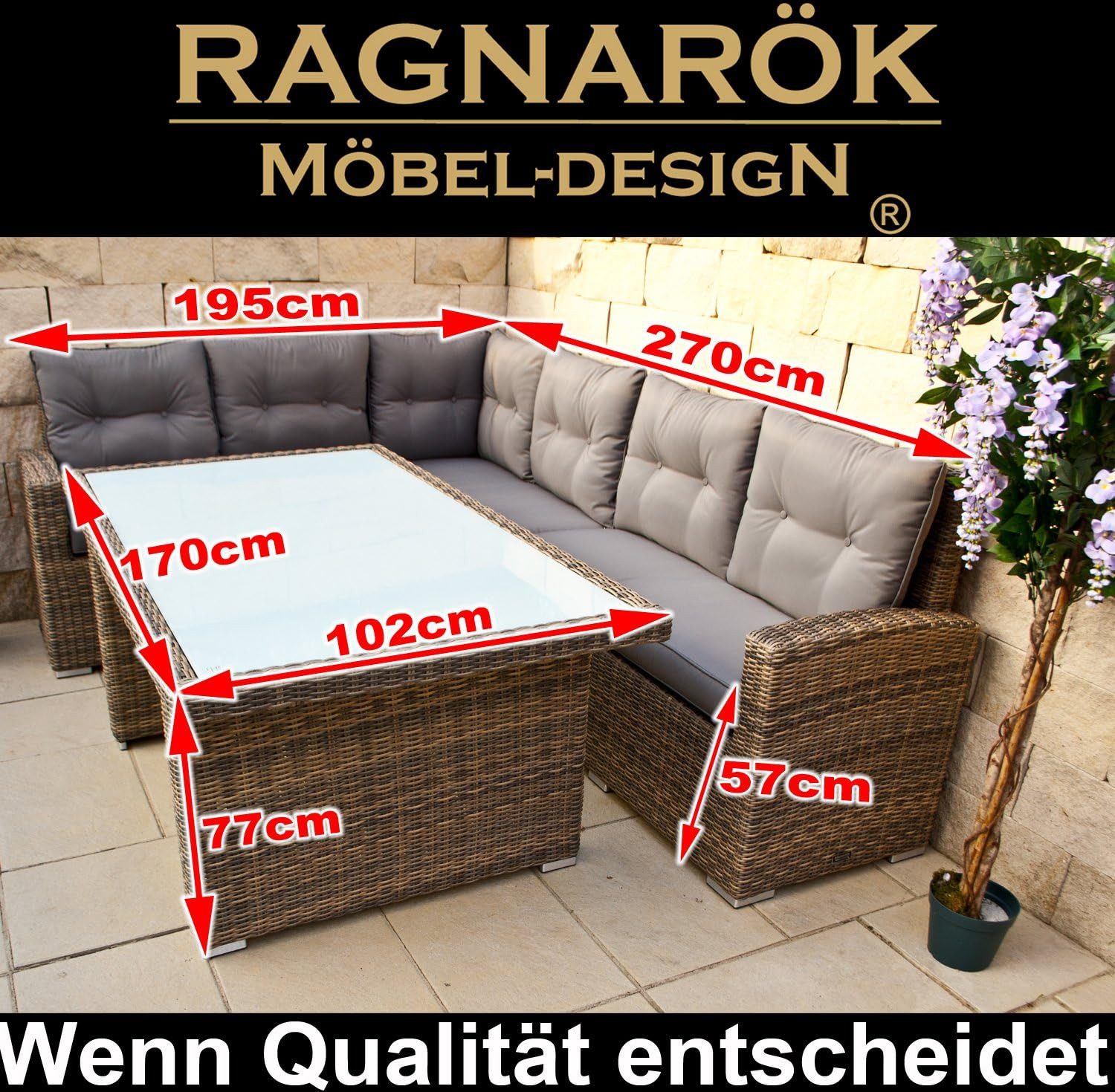 Ragnarök Möbel-Design Gartenlounge-Set Dining Lounge Wieland M, (Set, Ecksofa + Tisch, Polyrattan, inkl. aller Polster), integrierte Staufächer unter der Ecklounge, sehr großer Tisch