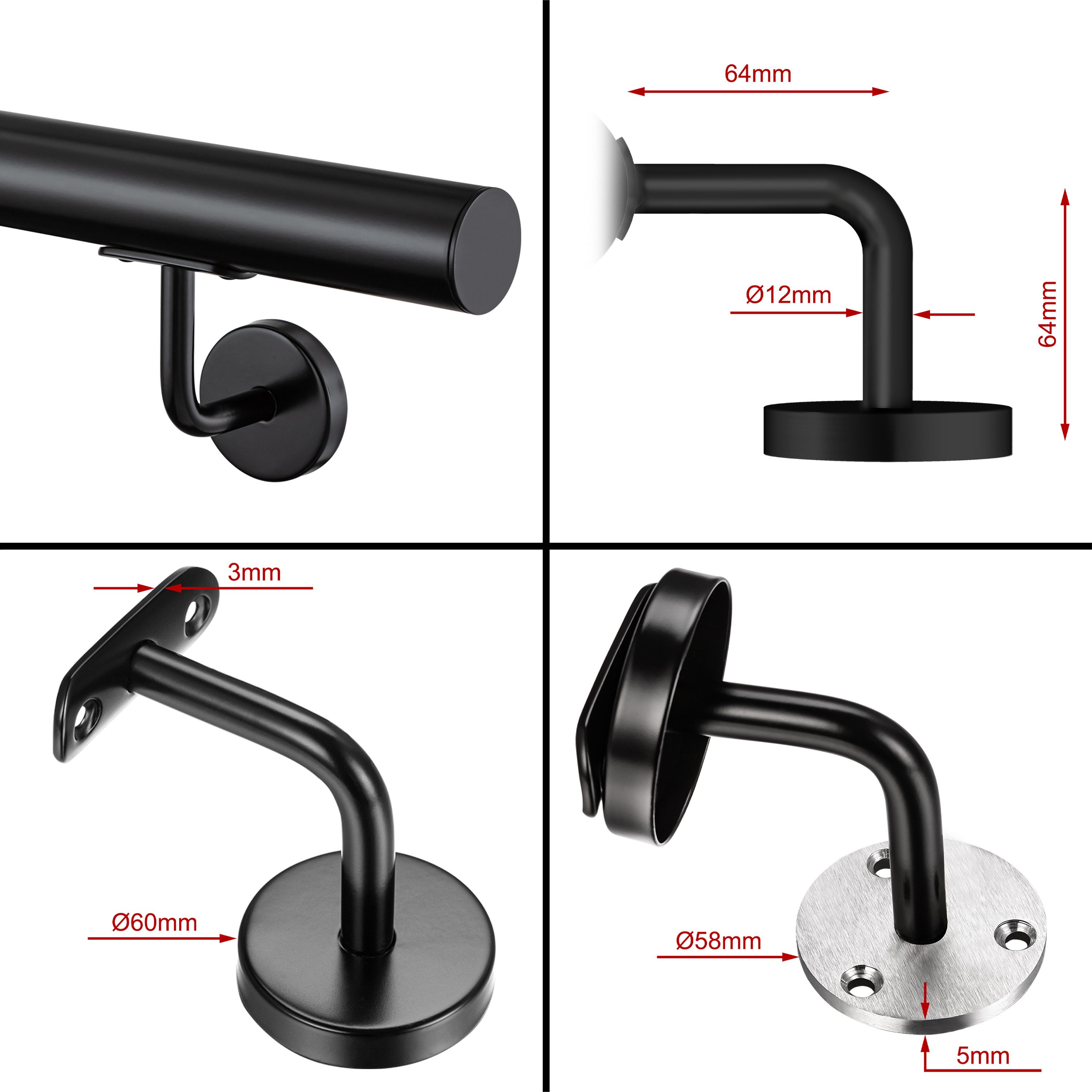 AICA Handlauf AICA Edelstahl Wandhandlauf & Treppengeländer Rostschutz Innen Außen, 120 cm Gesamtlänge, (Packung), 304 Edelstahl, Farbe: Silber/Schwarz/Braun, L – Bild 4 von 5