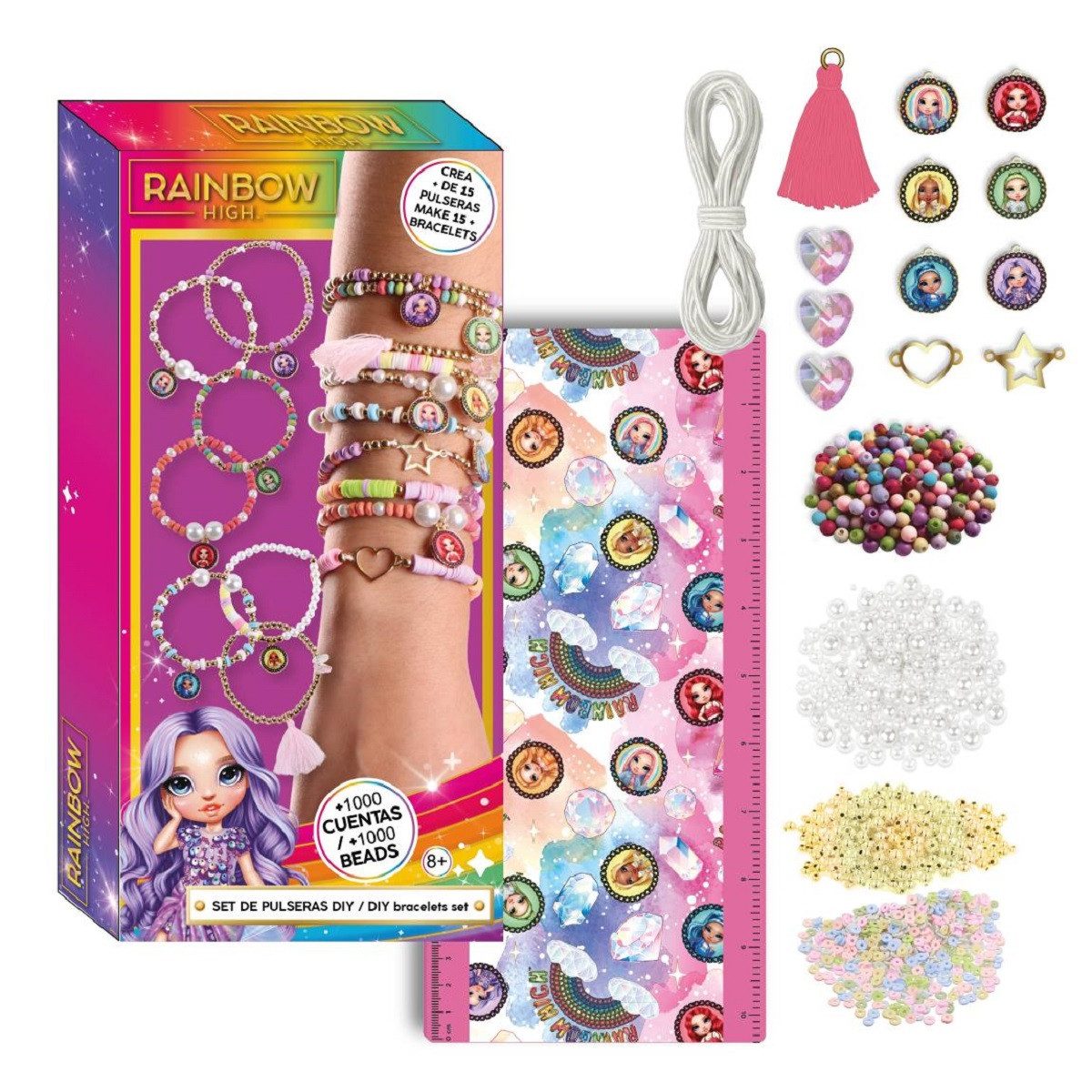 Rainbow High Kreativset DIY Schmuck-Bastelset für Kinder mit Armbändern und Perlen