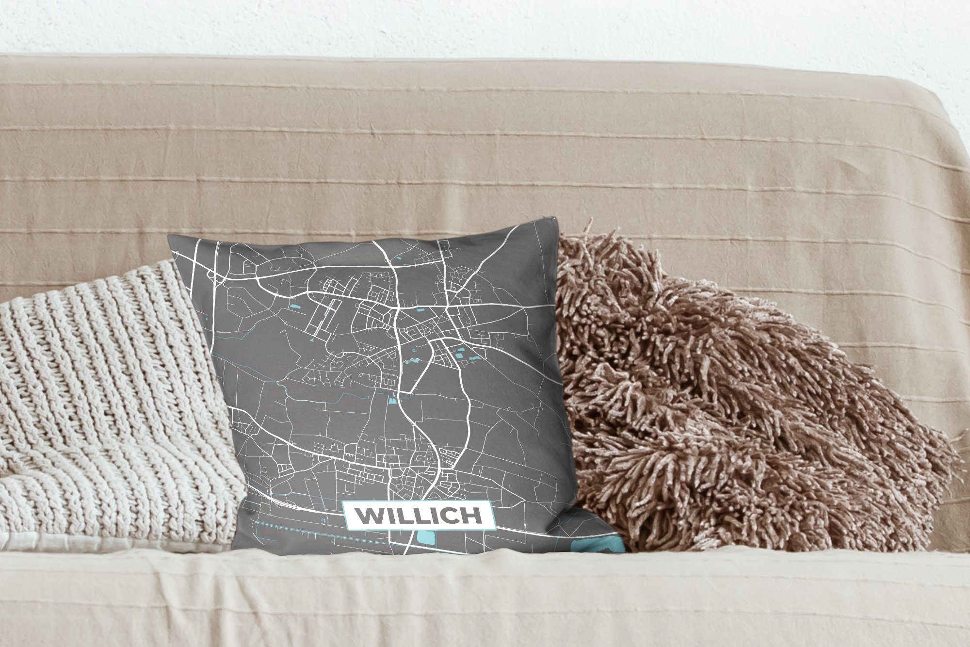 Stadtplan Schlafzimmer, Deutschland mit Karte, - Willich Sofakissen Füllung Blau - MuchoWow - für Deko, - Dekokissen Zierkissen Wohzimmer,