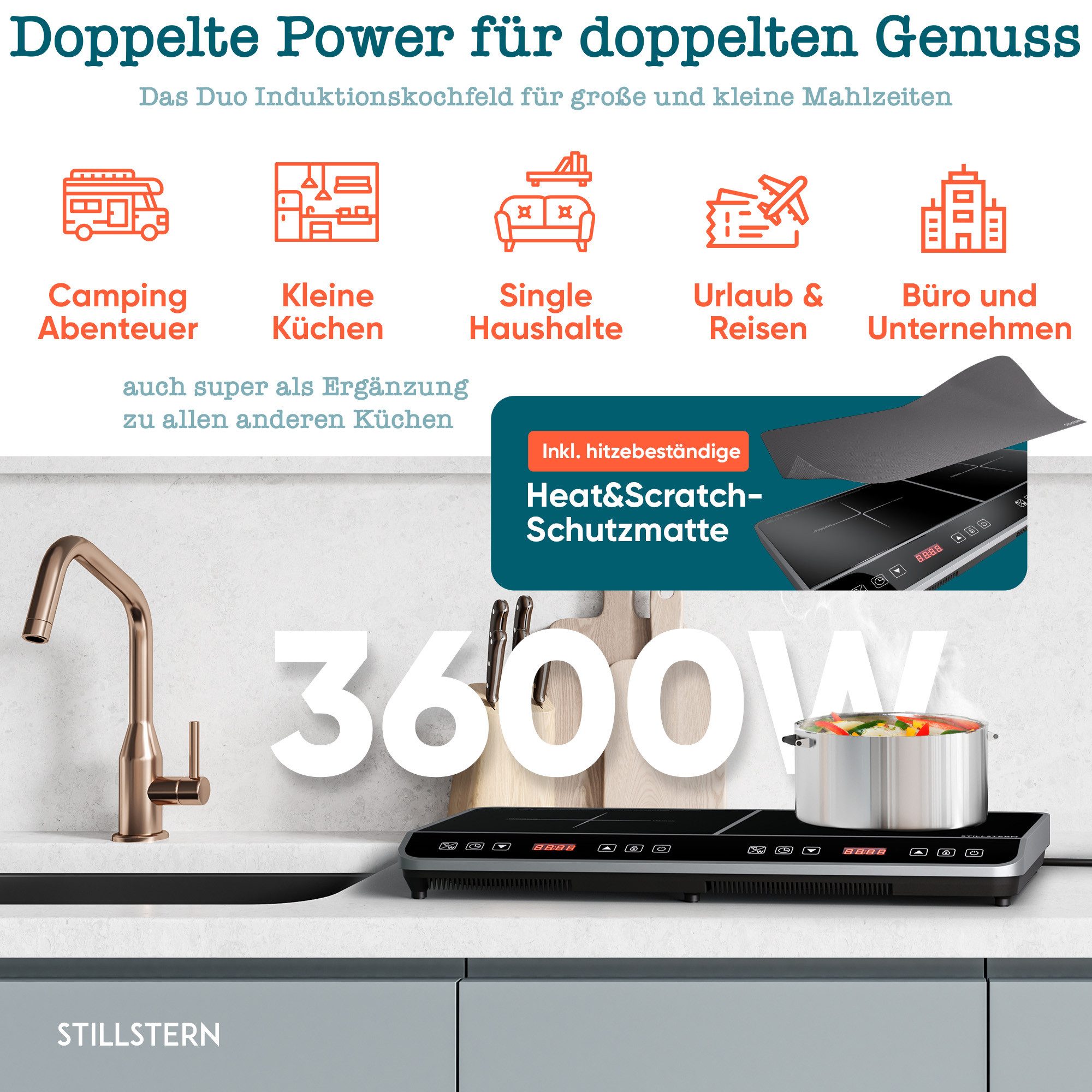 Stillstern Doppel-Induktionskochplatte Doppel-Induktionskochfeld, Schnelles Aufkochen + Temperatureinstellung, 3600W, 24h. Timer, Lautlos-Funktion, Glaskeramik