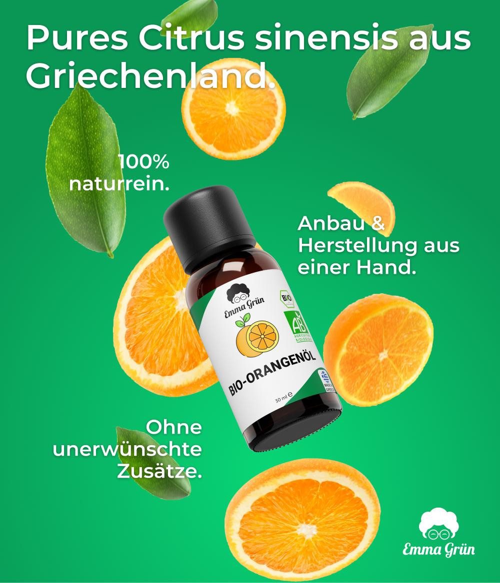 Emma Grün Duftöl Bio Orange 30 ml, ätherisch, naturrein & hochdosiert (Set, Je nach Auswahl: 1x, 2x oder 5x Bio Orangenöl 30 ml), Höchste Bio-Zertifizierung als Lebensmittel, naturrein & ohne Zusätze