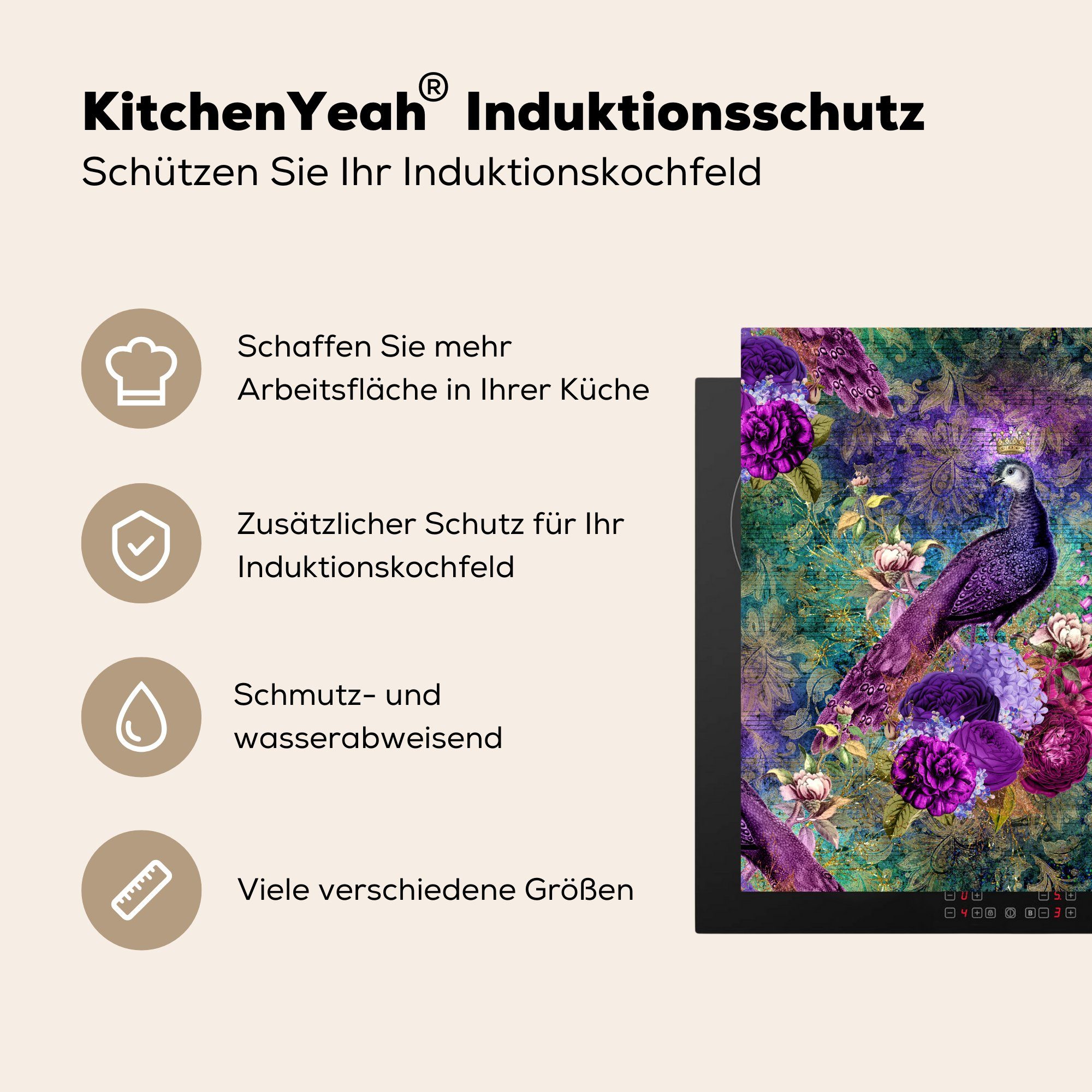 cm, Vinyl, Arbeitsplatte für Pfau Herdblende-/Abdeckplatte (1 - Muster tlg), 78x78 MuchoWow küche - Violett, Ceranfeldabdeckung,