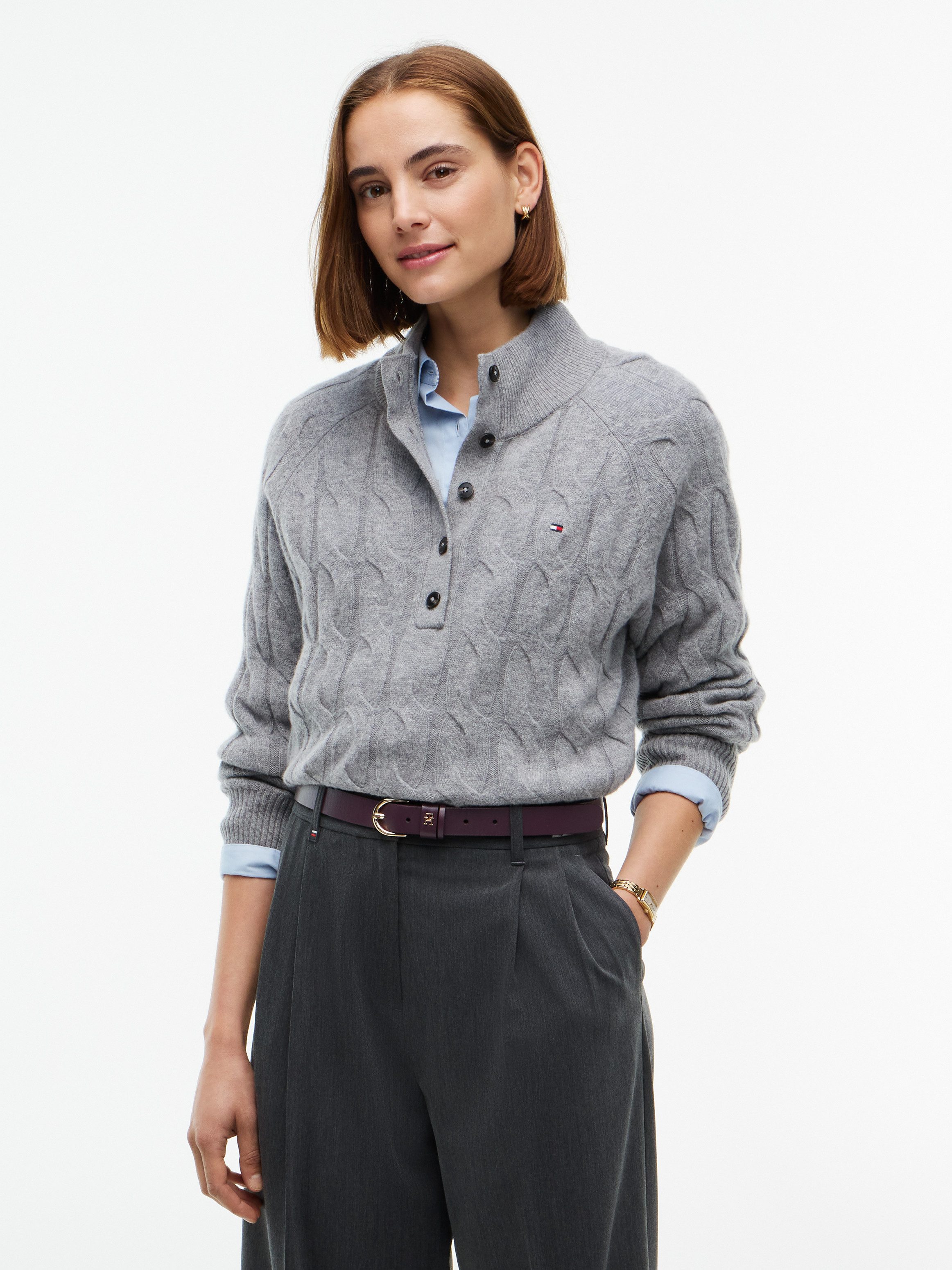 Tommy Hilfiger Strickpullover SOFT WOOL CABLE MK-NK HENLEY Wolle, mit Zopfmuster