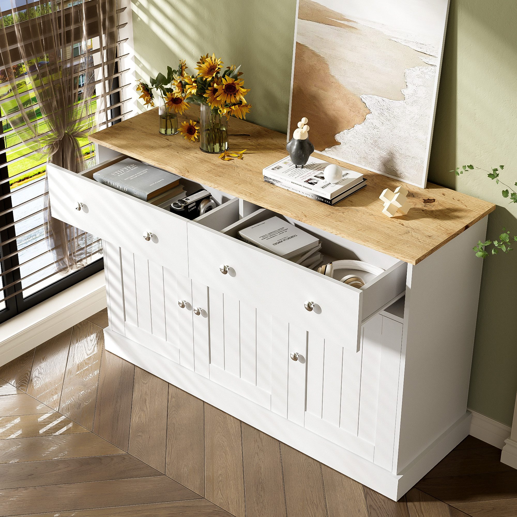 Merax Sideboard, mit 2 Schubladen und 3 Türen, Kommode Landhaus, Buffet, Anrichte