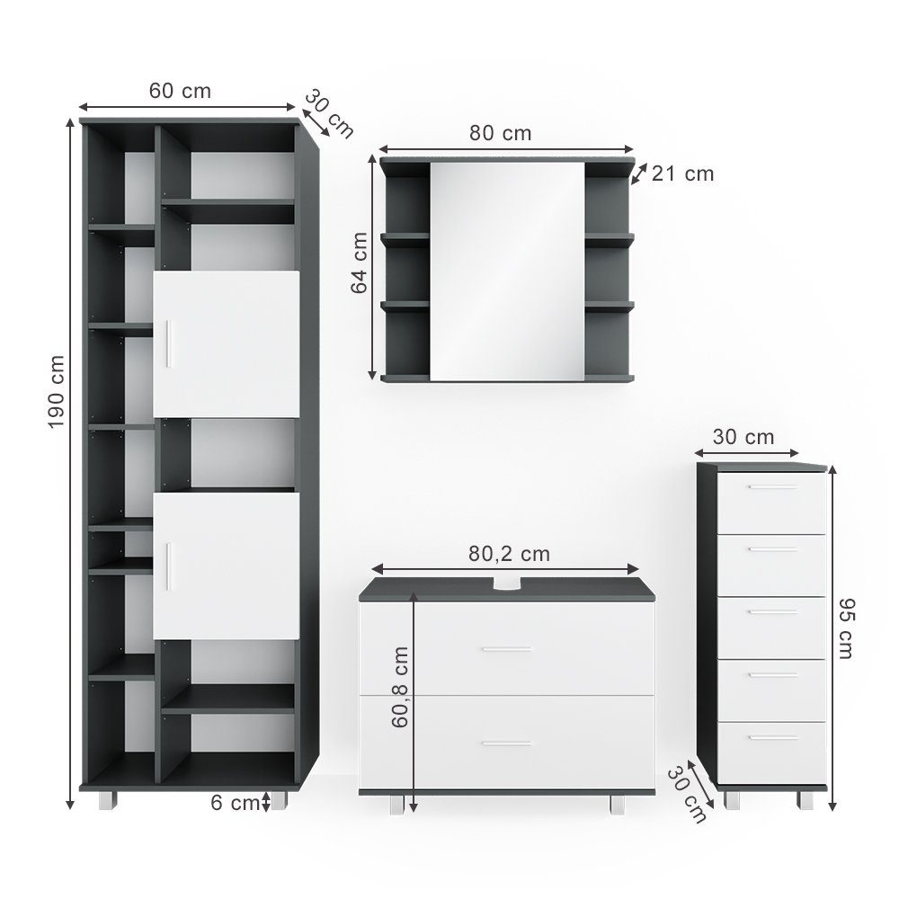 Vicco Badmöbel-Set Ilias, Anthrazit/Weiß, 4 Teile, mit Hochschrank, (3-er Set, 4-St., 4er Set)