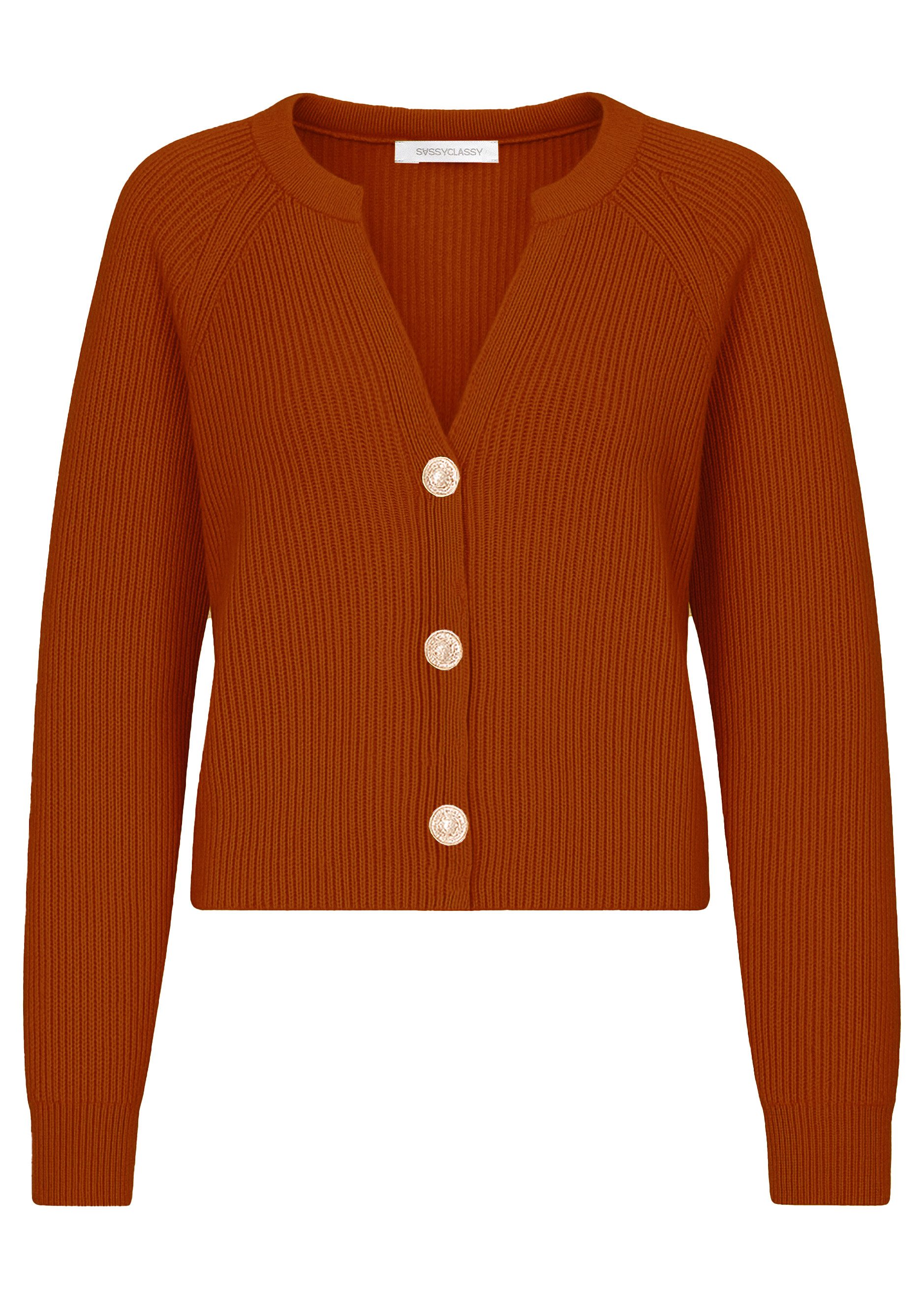 SASSYCLASSY Cardigan Cardigan mit V-Ausschnitt für Damen Weiche Strickjacke mit goldfarbenen Knöpfen Braun Grün Rosa Schwarz