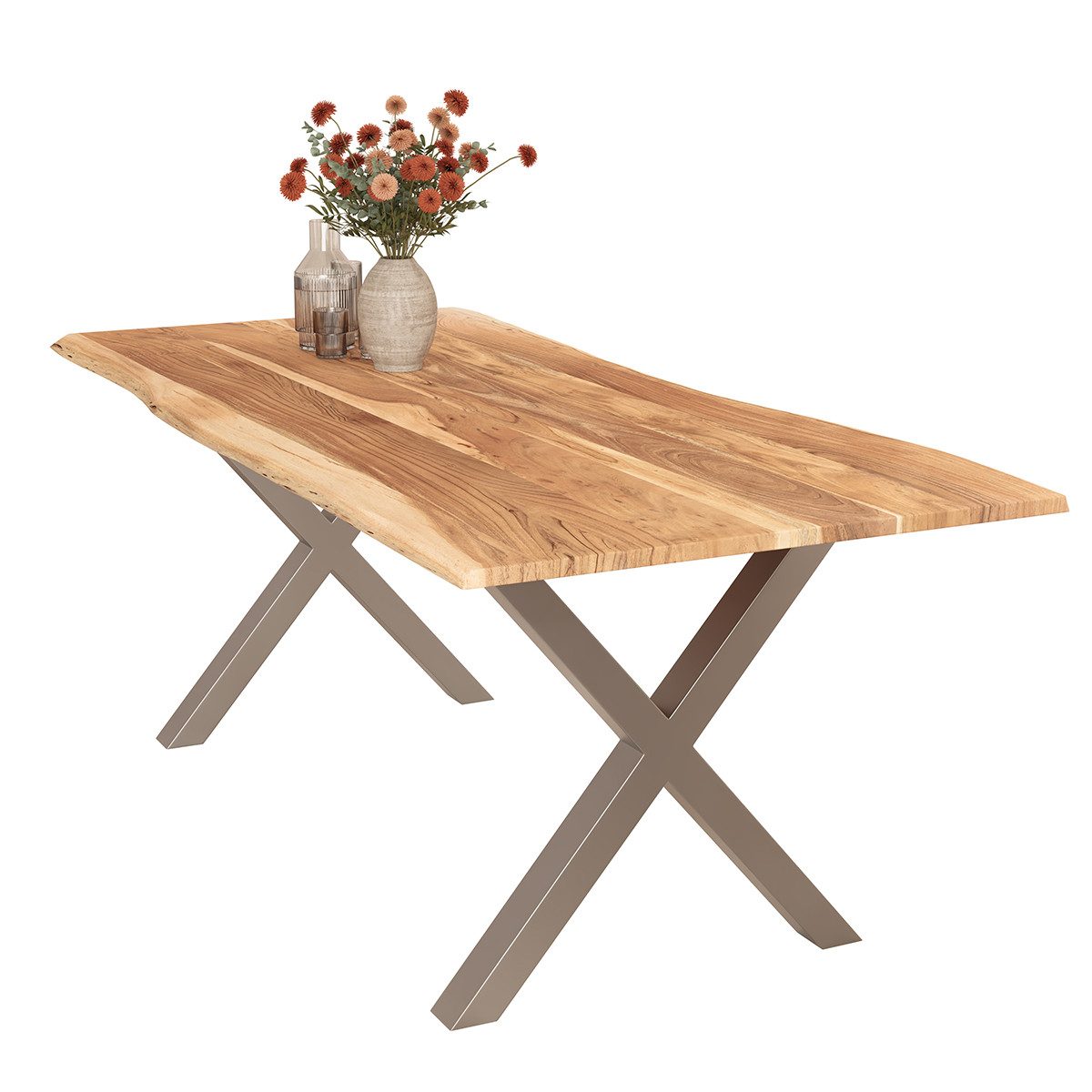Liadomo Maxi, Esstisch, Massivholztisch, Massiver Akazien-Esstisch mit Baumkante und X-Gestell