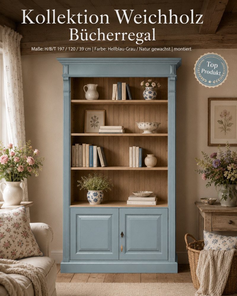 Wohnpalast Bücherregal Bücherregal mit 2 Türen und Regalfläche - Landhaus Regal Blau