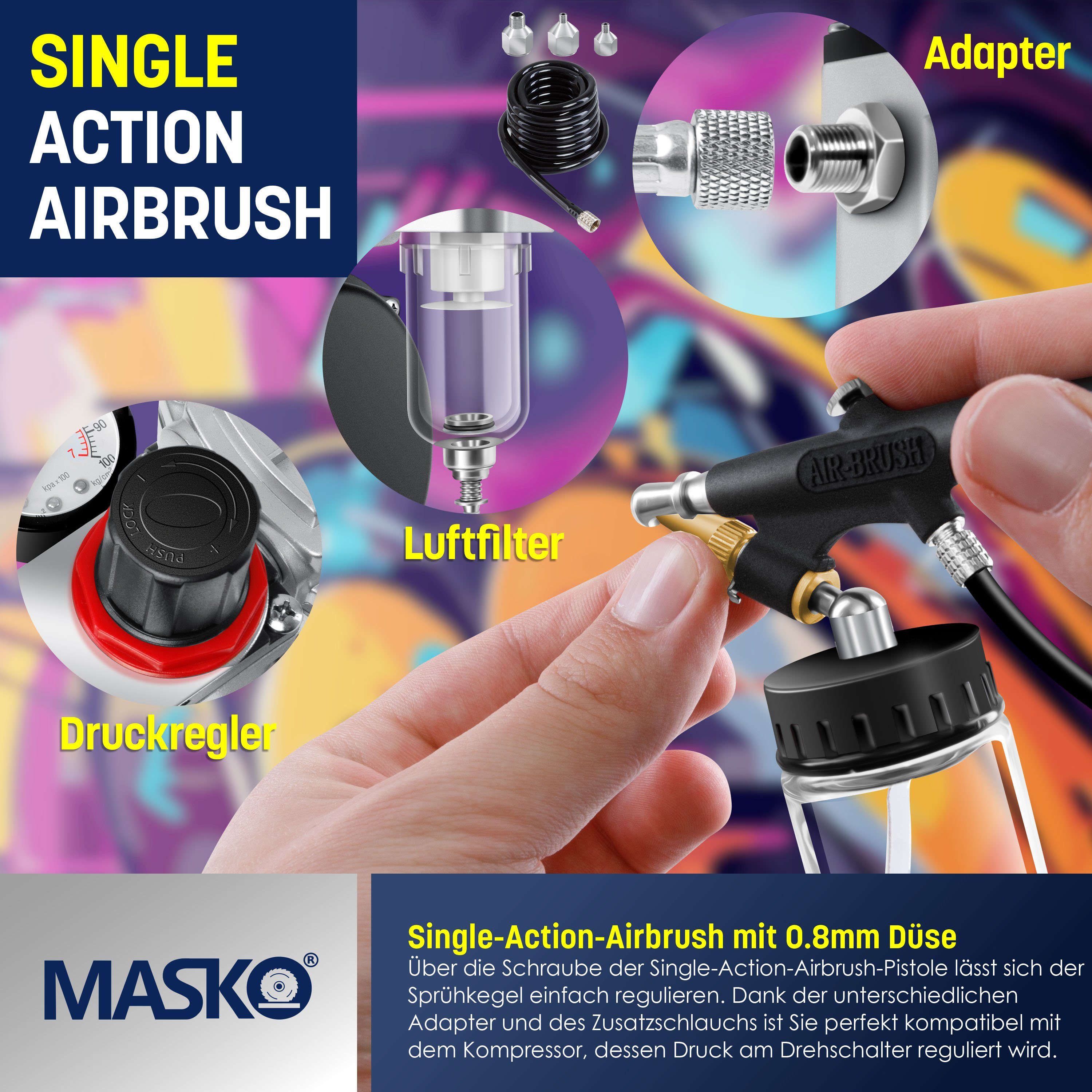 MASKO Farbsprühgerät, Airbrush-Set Kompressor Airbrush-Pistolen 4 mit inkl. silber bar